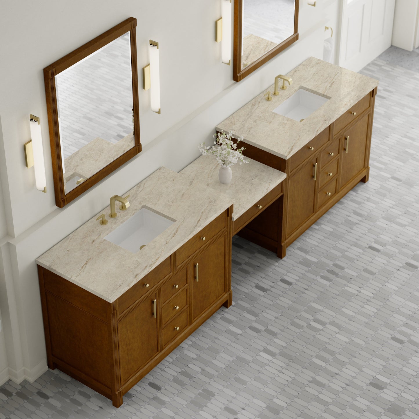 
                  
                    Bellshire 120" Dual Vanity Set with 24" Make-Up Counter in Honey Oak James Martin Vanities Tajnar Eclos 
                  
                