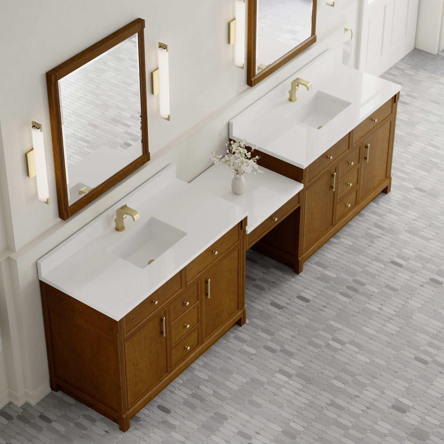 
                  
                    Bellshire 120" Dual Vanity Set with 24" Make-Up Counter in Honey Oak James Martin Vanities White Zeus SilestoneSingle-Hole Faucet 
                  
                