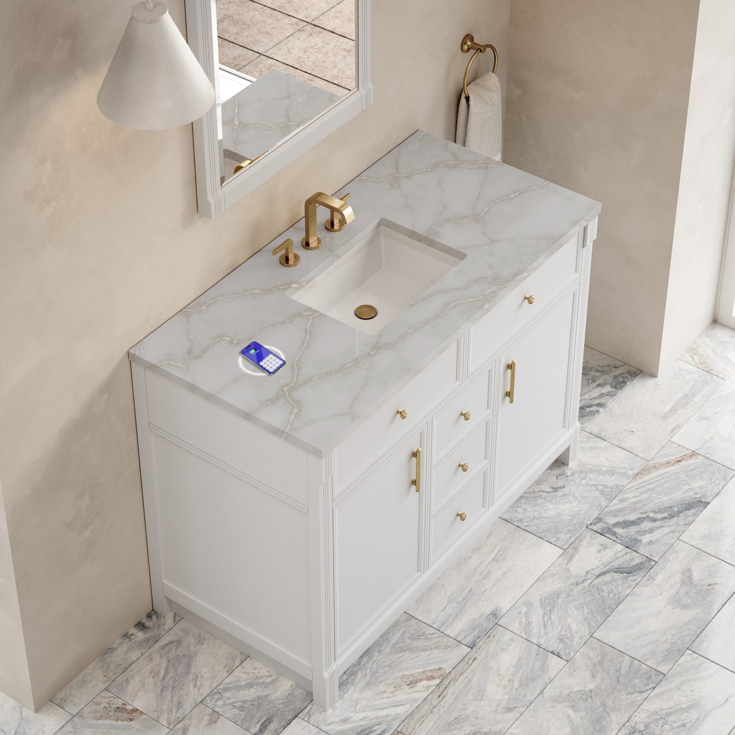 
                  
                    Bellshire 48" Single Vanity in Bright White James Martin Vanities FreePower-Enabled Victorian Silver Silestone 
                  
                