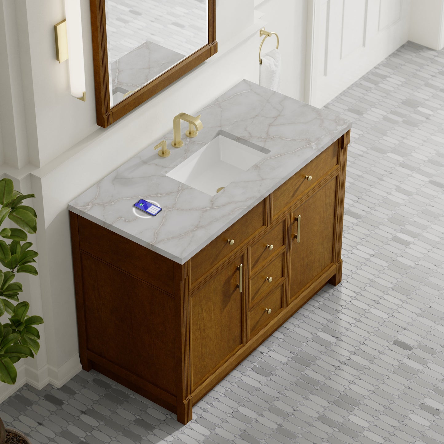 
                  
                    Bellshire 48" Single Vanity in Honey Oak James Martin Vanities FreePower-Enabled Victorian Silver Silestone 
                  
                