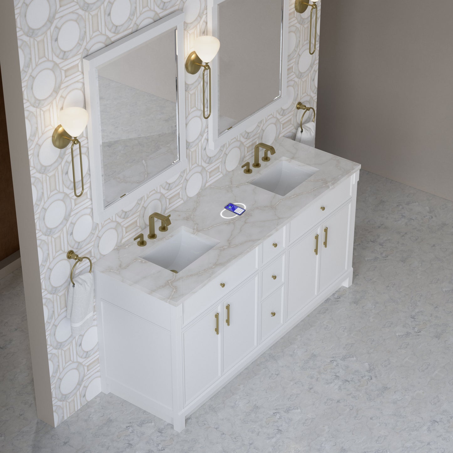 
                  
                    Bellshire 72" Double Vanity in Bright White James Martin Vanities FreePower-Enabled Victorian Silver Silestone 
                  
                