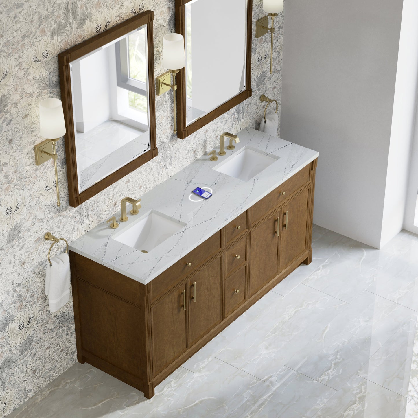 
                  
                    Bellshire 72" Double Vanity in Honey Oak James Martin Vanities FreePower-Enabled Ethereal Noctis Silestone 
                  
                