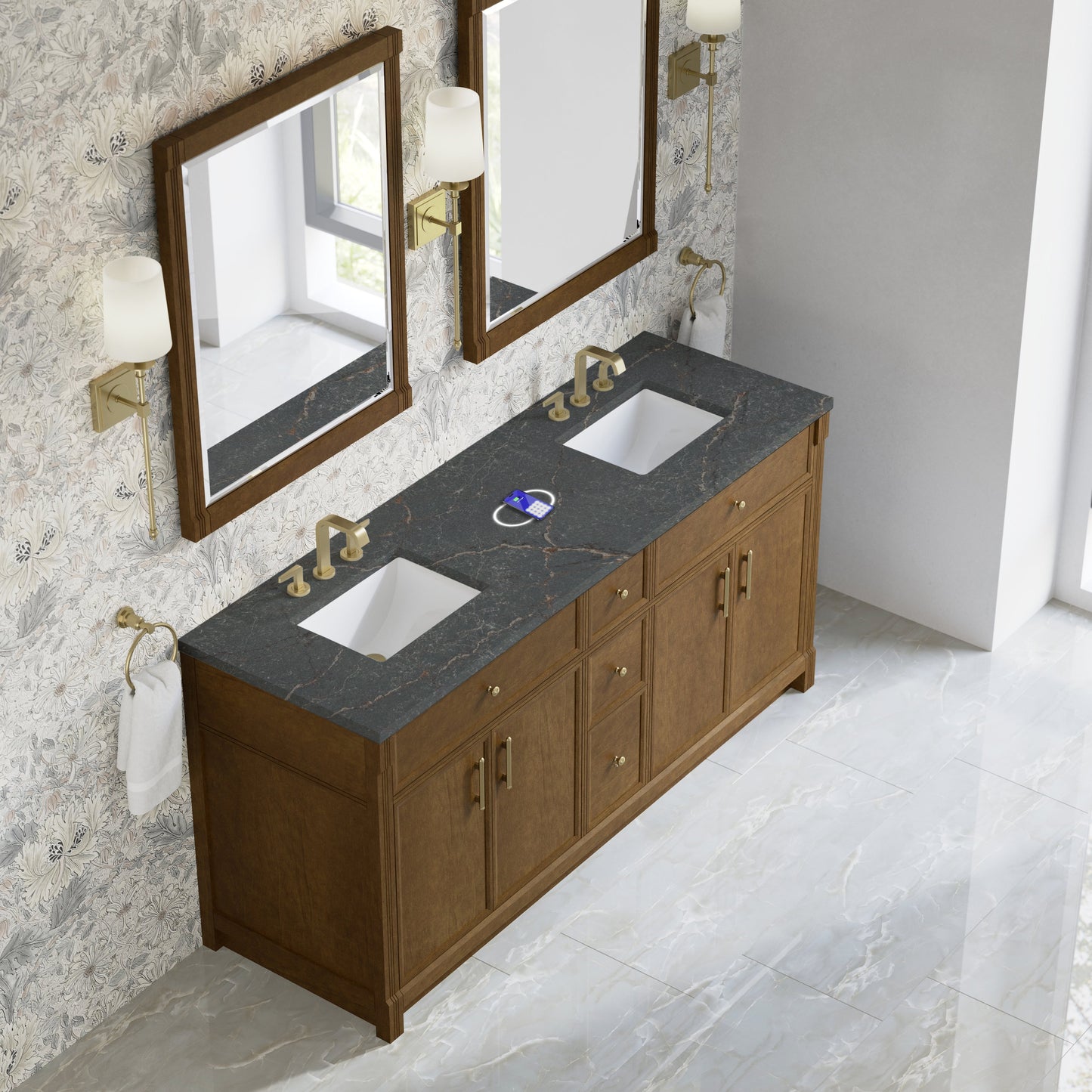 
                  
                    Bellshire 72" Double Vanity in Honey Oak James Martin Vanities FreePower-Enabled Parisien Bleu Silestone 
                  
                