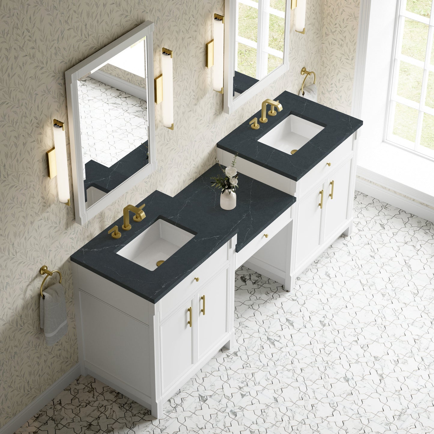 
                  
                    Bellshire 84" Dual Vanity Set with 24" Make-Up Counter in Bright White James Martin Vanities Charcoal Soapstone Silestone 
                  
                