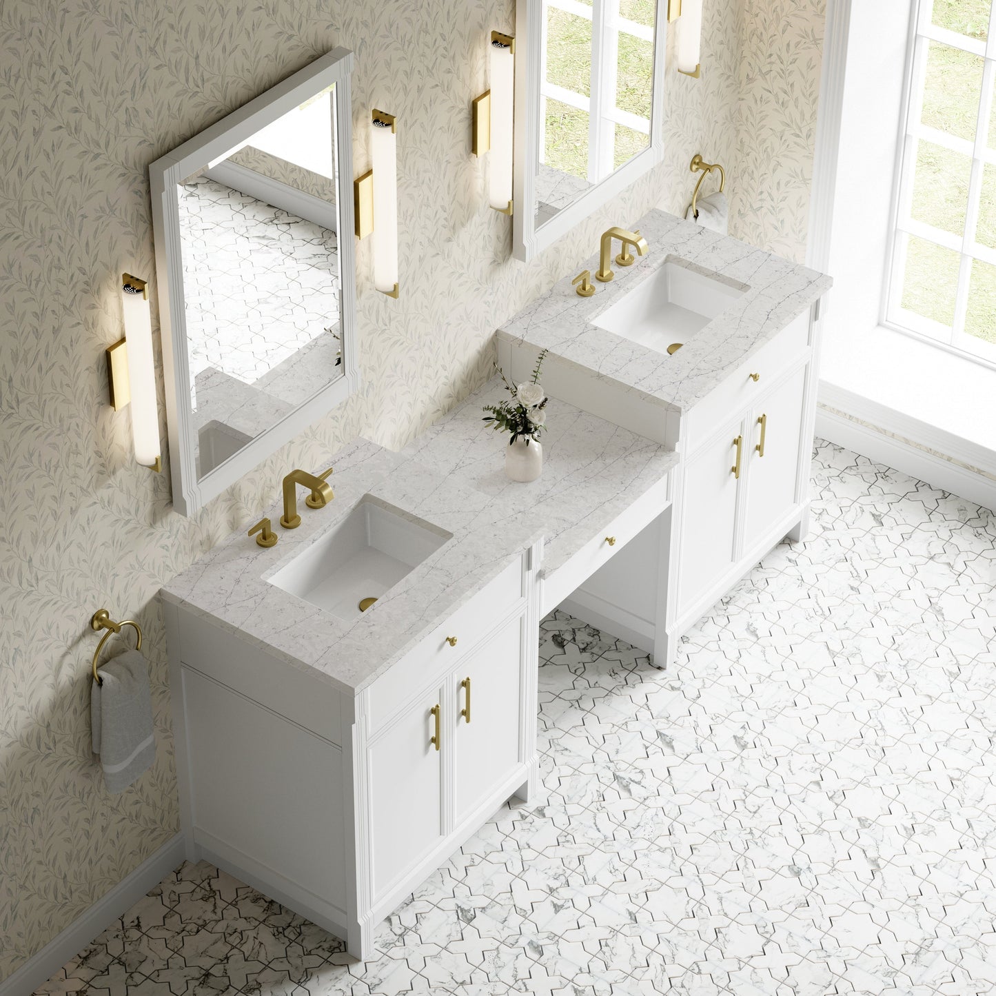 
                  
                    Bellshire 84" Dual Vanity Set with 24" Make-Up Counter in Bright White James Martin Vanities Eternal Jasmine Pearl Silestone 
                  
                