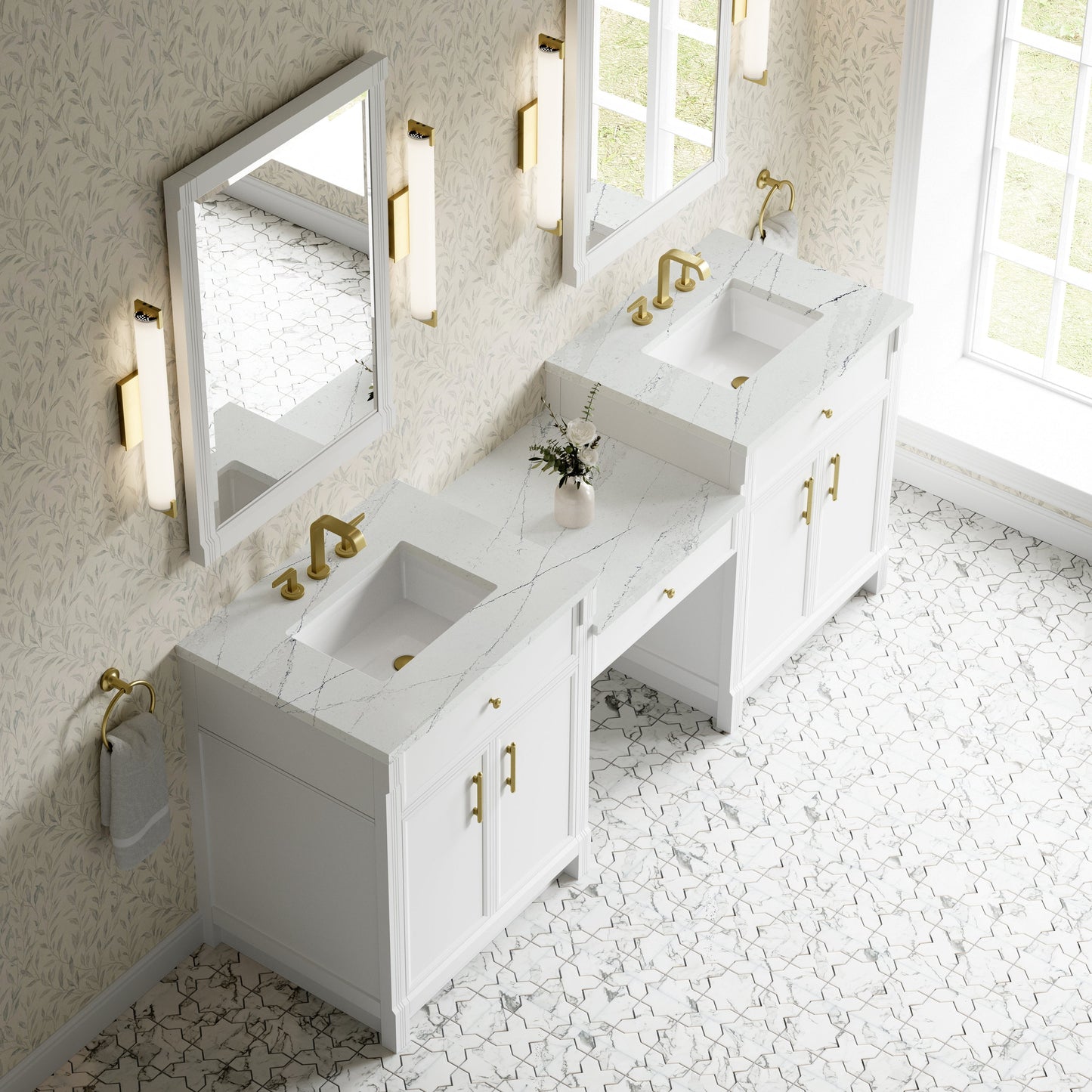 
                  
                    Bellshire 84" Dual Vanity Set with 24" Make-Up Counter in Bright White James Martin Vanities Ethereal Noctis Silestone 
                  
                