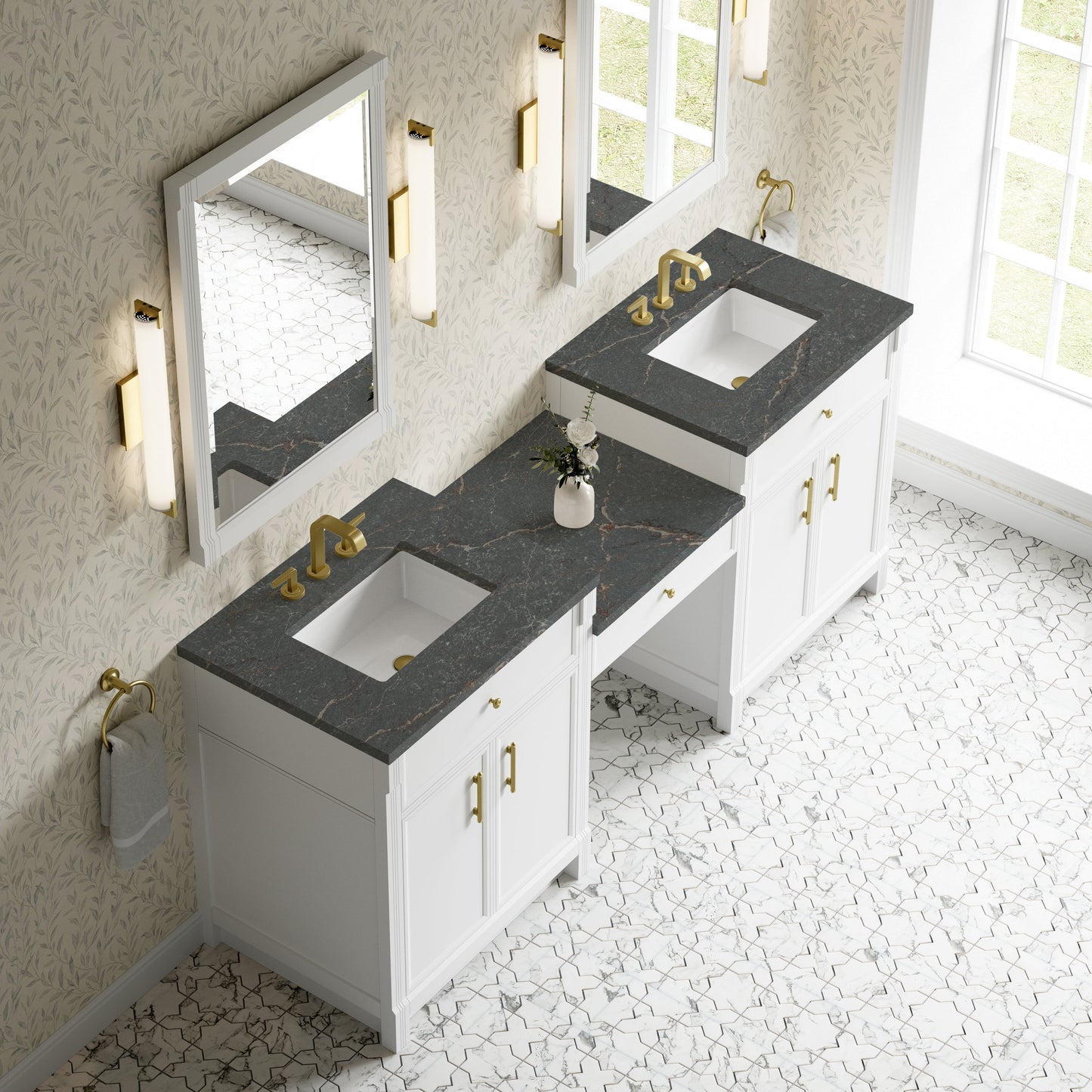 
                  
                    Bellshire 84" Dual Vanity Set with 24" Make-Up Counter in Bright White James Martin Vanities Parisien Bleu Silestone 
                  
                
