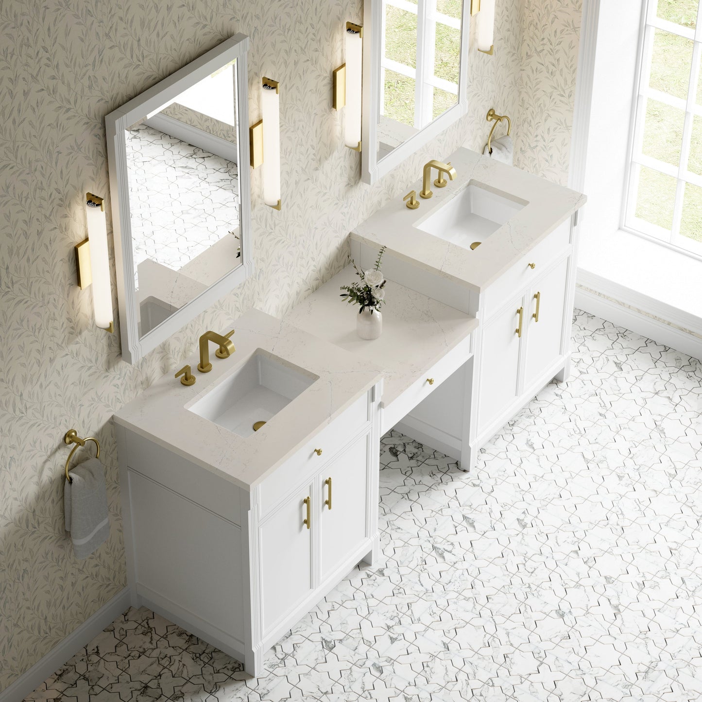
                  
                    Bellshire 84" Dual Vanity Set with 24" Make-Up Counter in Bright White James Martin Vanities Siberian Silestone 
                  
                