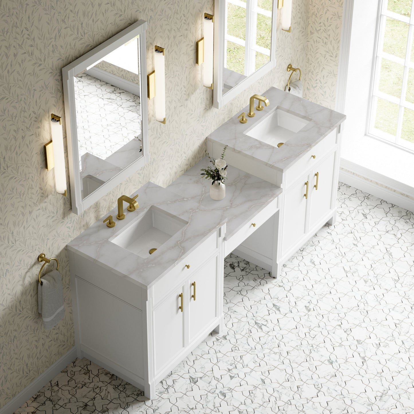 
                  
                    Bellshire 84" Dual Vanity Set with 24" Make-Up Counter in Bright White James Martin Vanities Victorian Silver Silestone 
                  
                