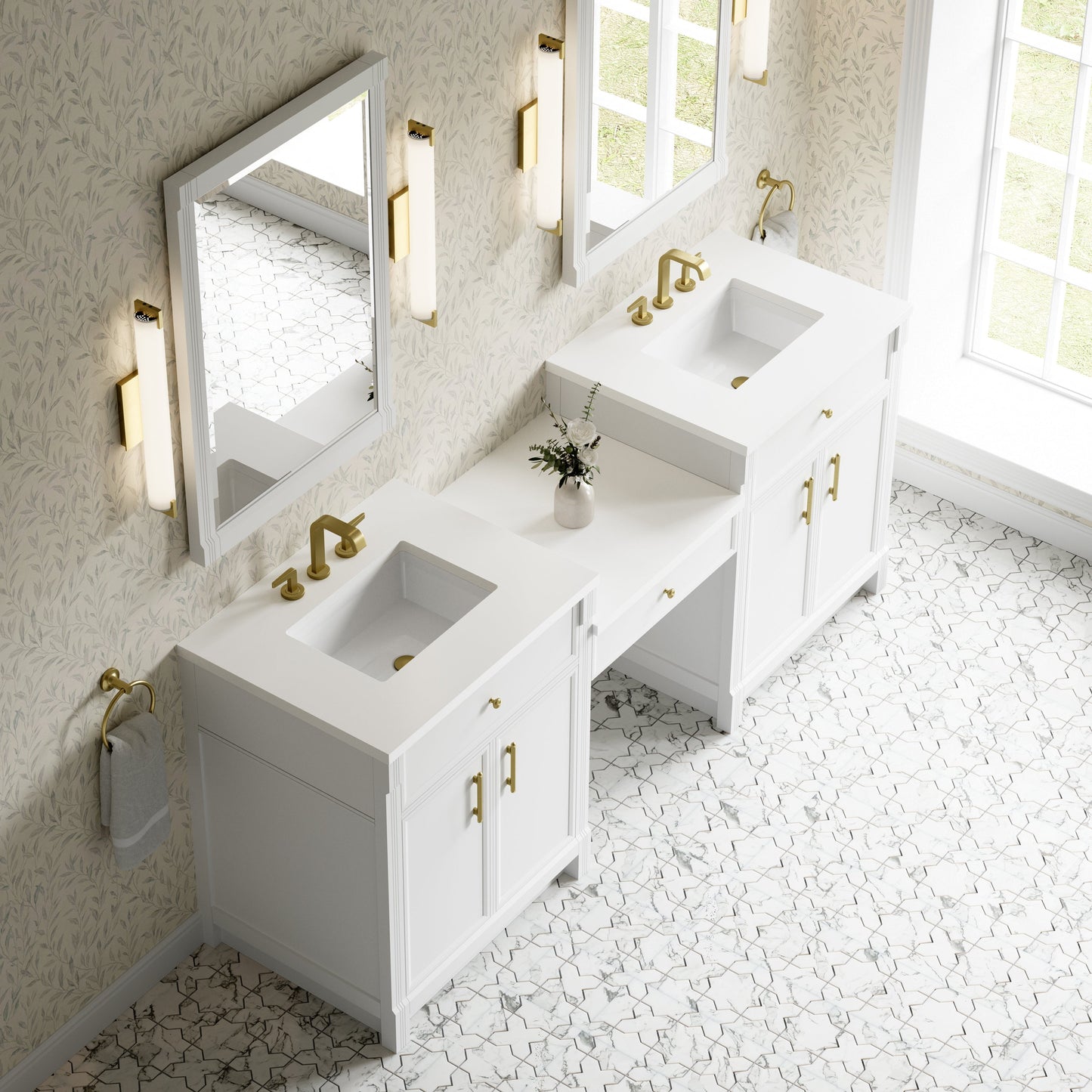 
                  
                    Bellshire 84" Dual Vanity Set with 24" Make-Up Counter in Bright White James Martin Vanities White Zeus Silestone 
                  
                