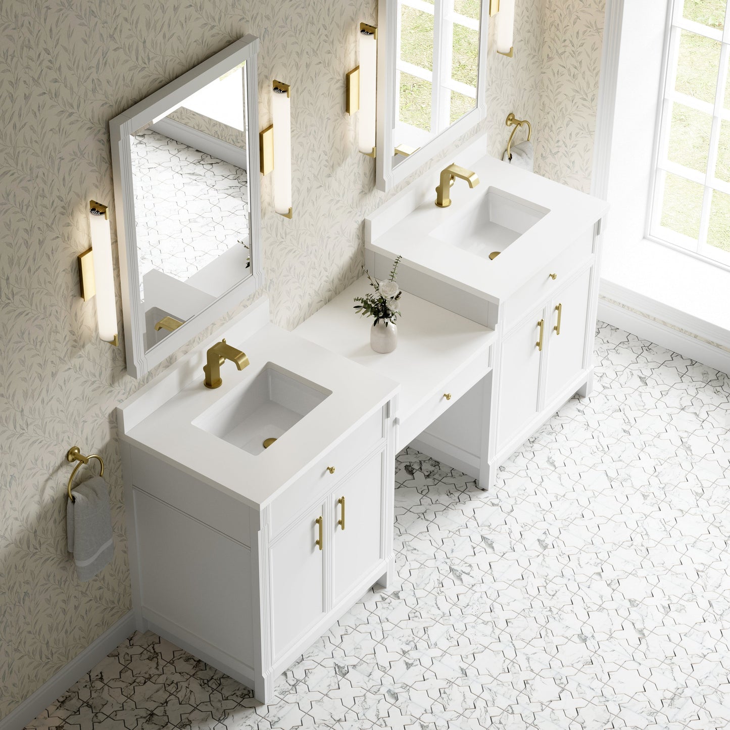 
                  
                    Bellshire 84" Dual Vanity Set with 24" Make-Up Counter in Bright White James Martin Vanities White Zeus SilestoneSingle-Hole Faucet 
                  
                