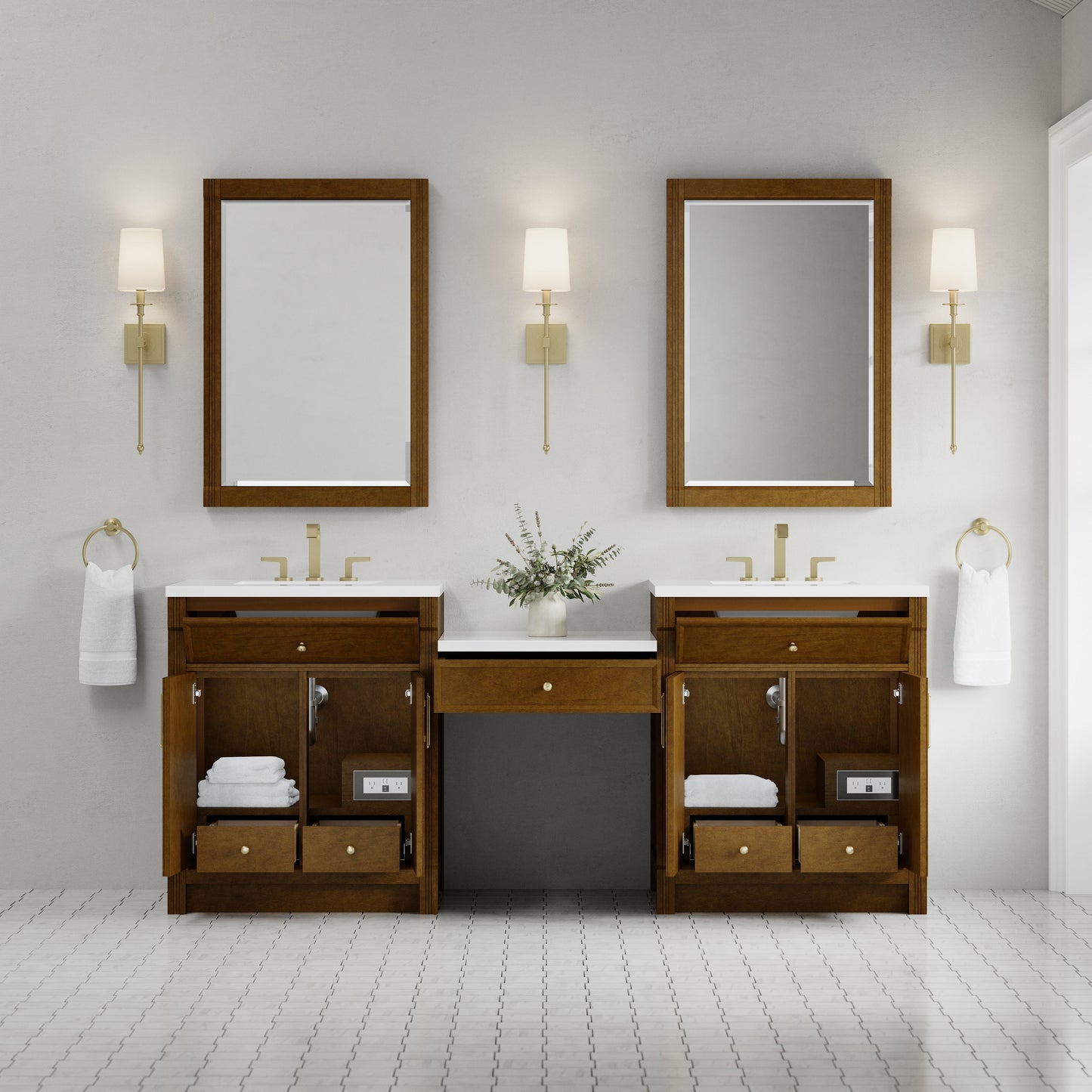 
                  
                    Bellshire 84" Dual Vanity Set with 24" Make-Up Counter in Honey Oak James Martin Vanities 
                  
                