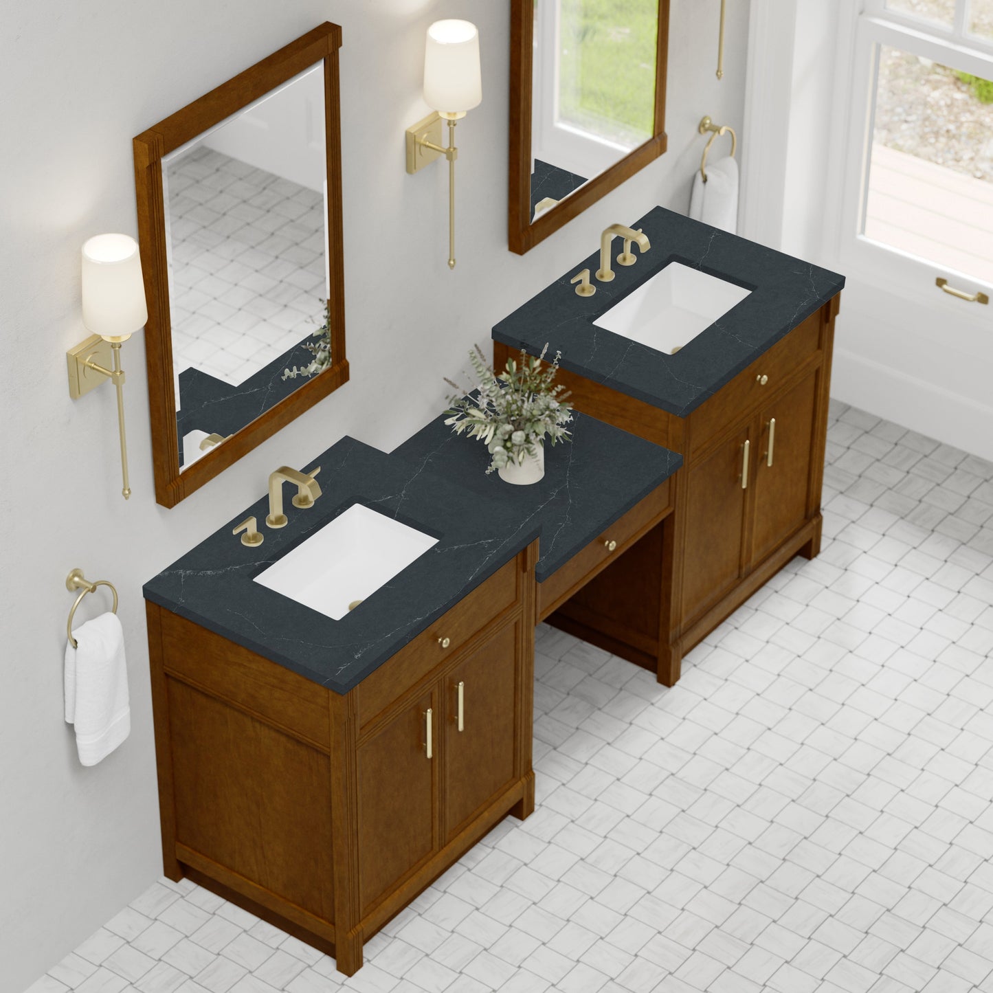 
                  
                    Bellshire 84" Dual Vanity Set with 24" Make-Up Counter in Honey Oak James Martin Vanities Charcoal Soapstone Silestone 
                  
                