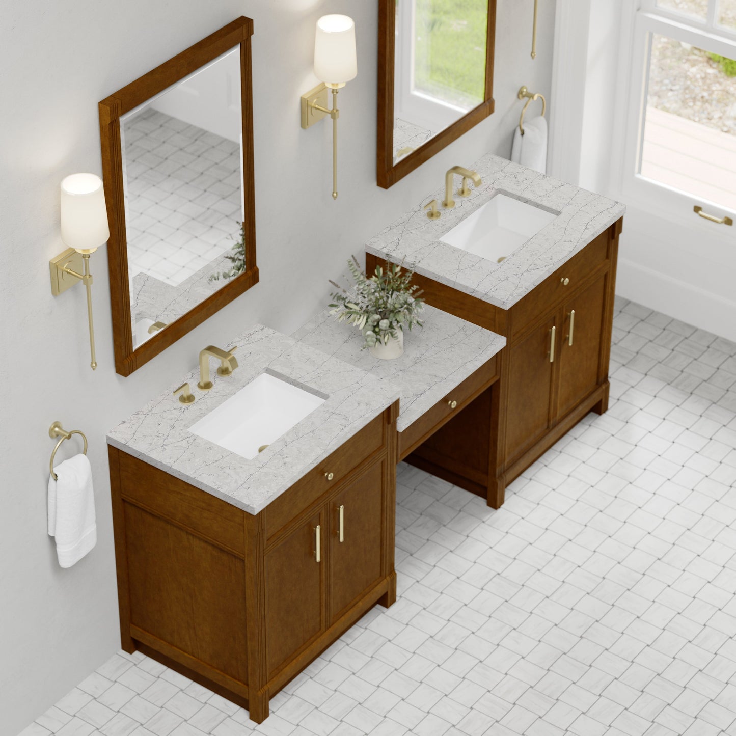 
                  
                    Bellshire 84" Dual Vanity Set with 24" Make-Up Counter in Honey Oak James Martin Vanities Eternal Jasmine Pearl Silestone 
                  
                
