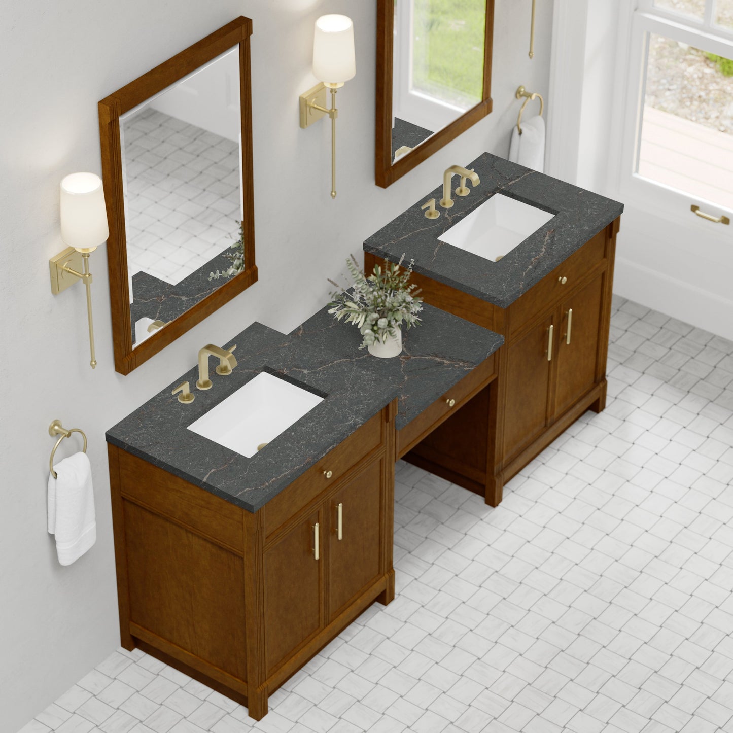 
                  
                    Bellshire 84" Dual Vanity Set with 24" Make-Up Counter in Honey Oak James Martin Vanities Parisien Bleu Silestone 
                  
                