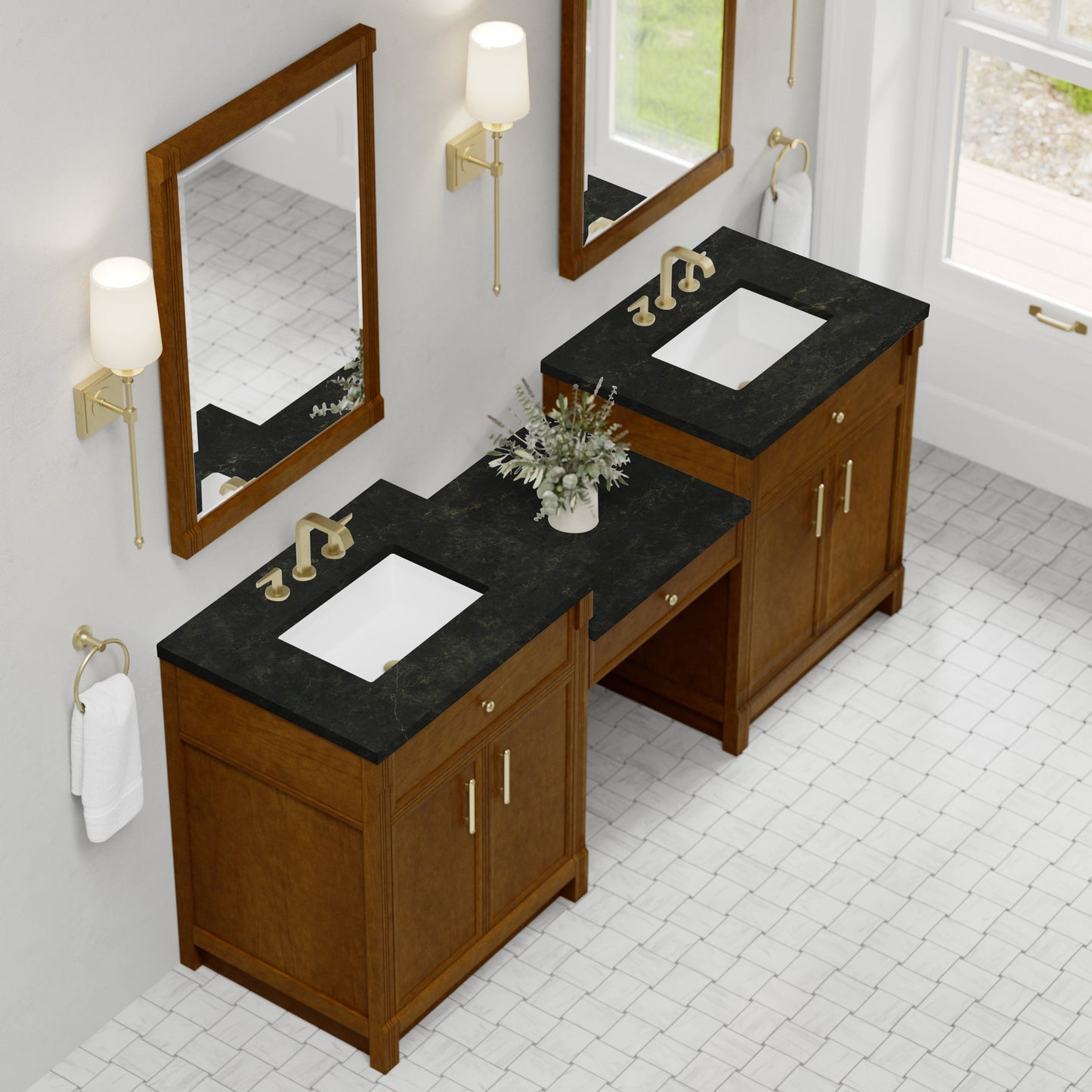 
                  
                    Bellshire 84" Dual Vanity Set with 24" Make-Up Counter in Honey Oak James Martin Vanities Phantome Eclos 
                  
                