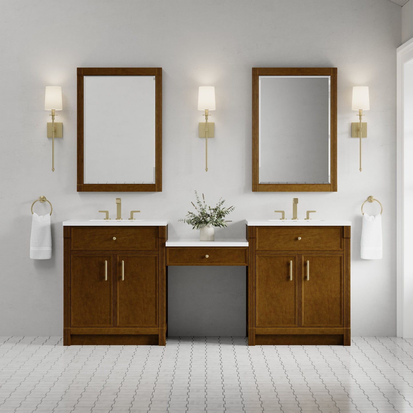 Bellshire 84" Dual Vanity Set with 24" Make-Up Counter in Honey Oak James Martin Vanities Select Your Top 