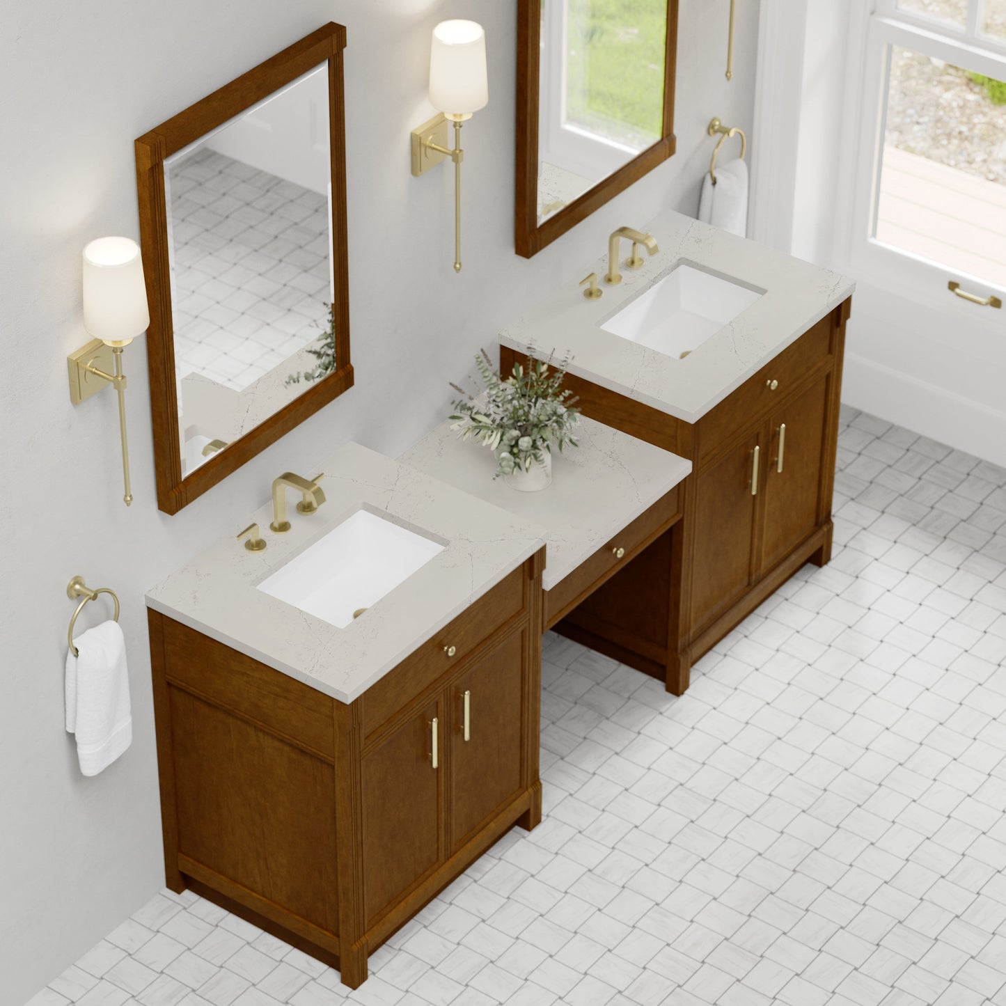 
                  
                    Bellshire 84" Dual Vanity Set with 24" Make-Up Counter in Honey Oak James Martin Vanities Siberian Silestone 
                  
                