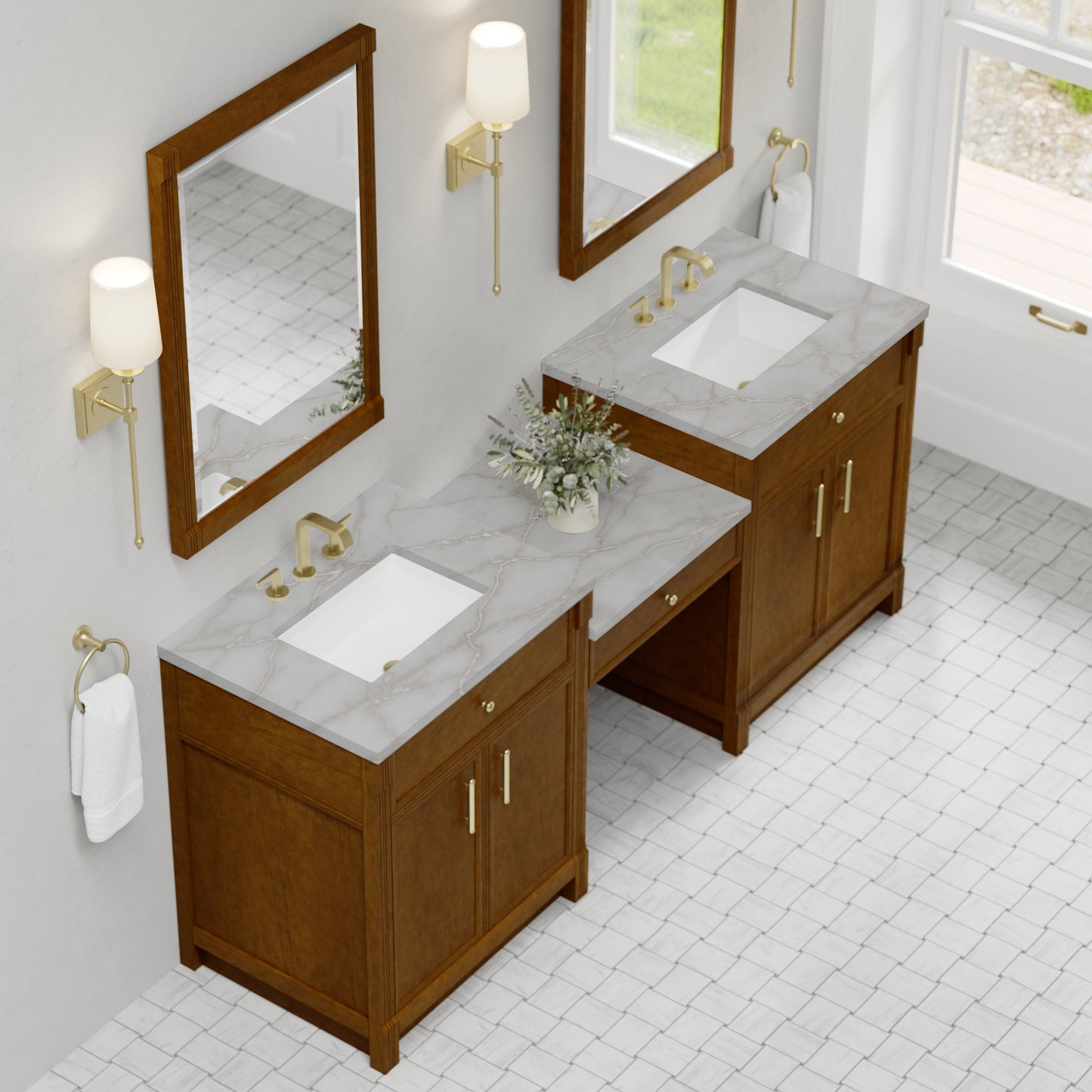 
                  
                    Bellshire 84" Dual Vanity Set with 24" Make-Up Counter in Honey Oak James Martin Vanities Victorian Silver Silestone 
                  
                