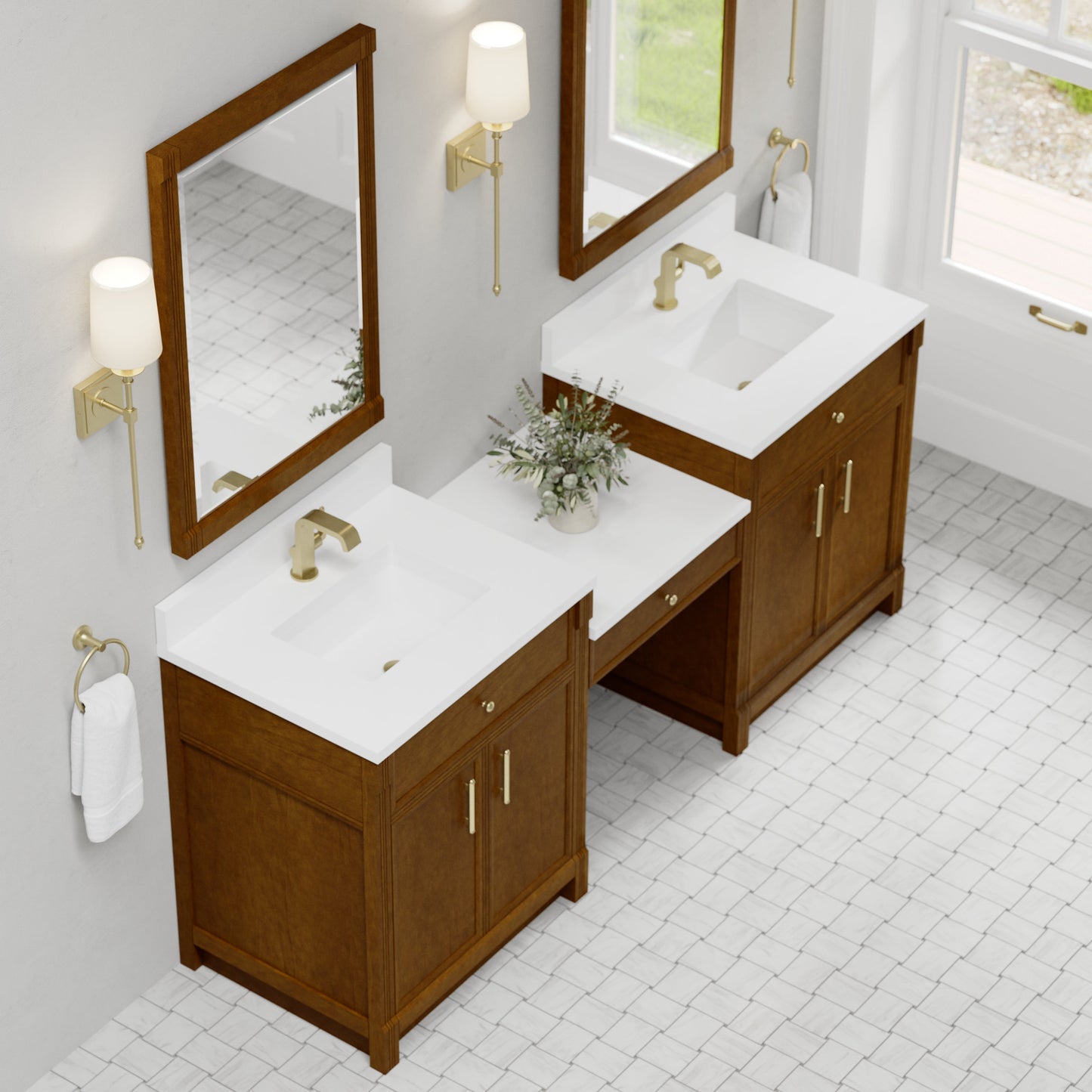 
                  
                    Bellshire 84" Dual Vanity Set with 24" Make-Up Counter in Honey Oak James Martin Vanities White Zeus SilestoneSingle-Hole Faucet 
                  
                