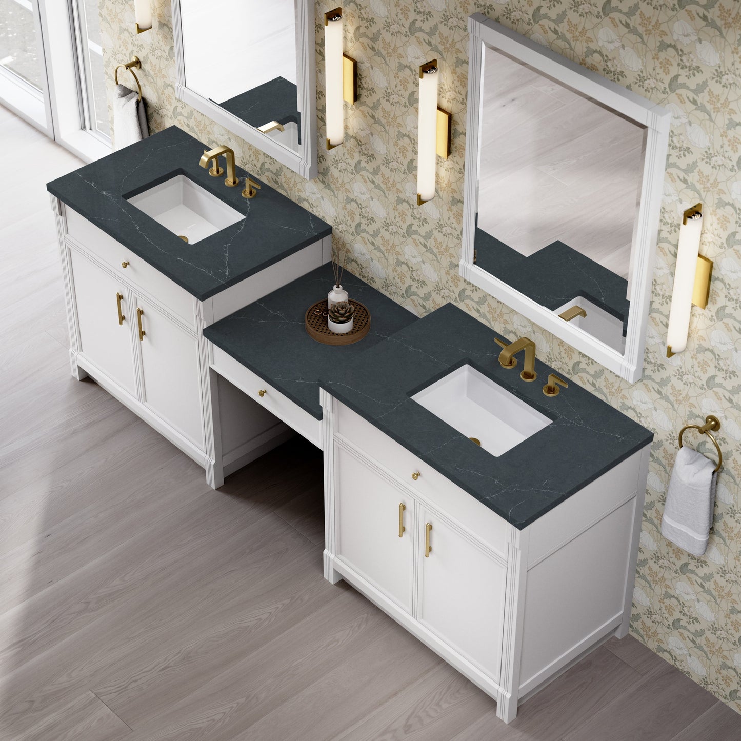 
                  
                    Bellshire 96" Dual Vanity Set with 24" Make-Up Counter in Bright White James Martin Vanities Charcoal Soapstone Silestone 
                  
                