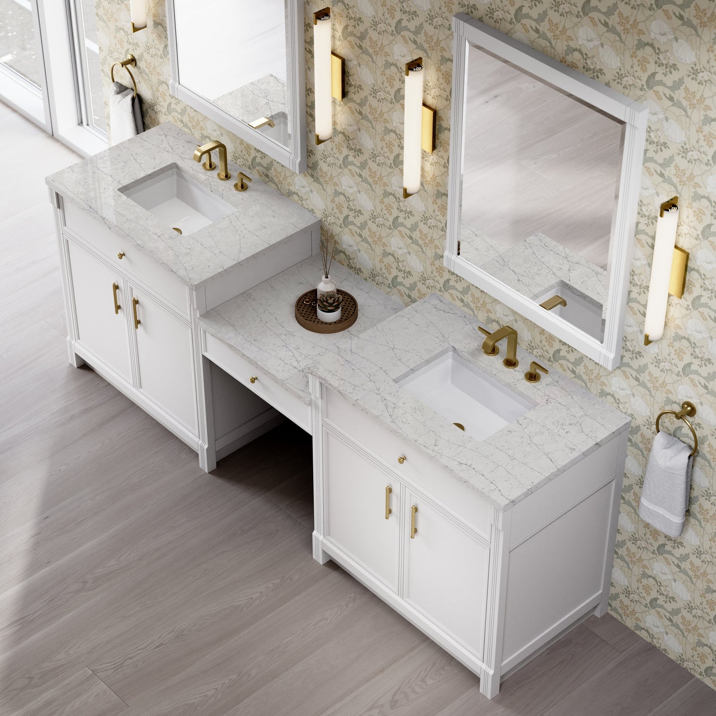 
                  
                    Bellshire 96" Dual Vanity Set with 24" Make-Up Counter in Bright White James Martin Vanities Eternal Jasmine Pearl Silestone 
                  
                