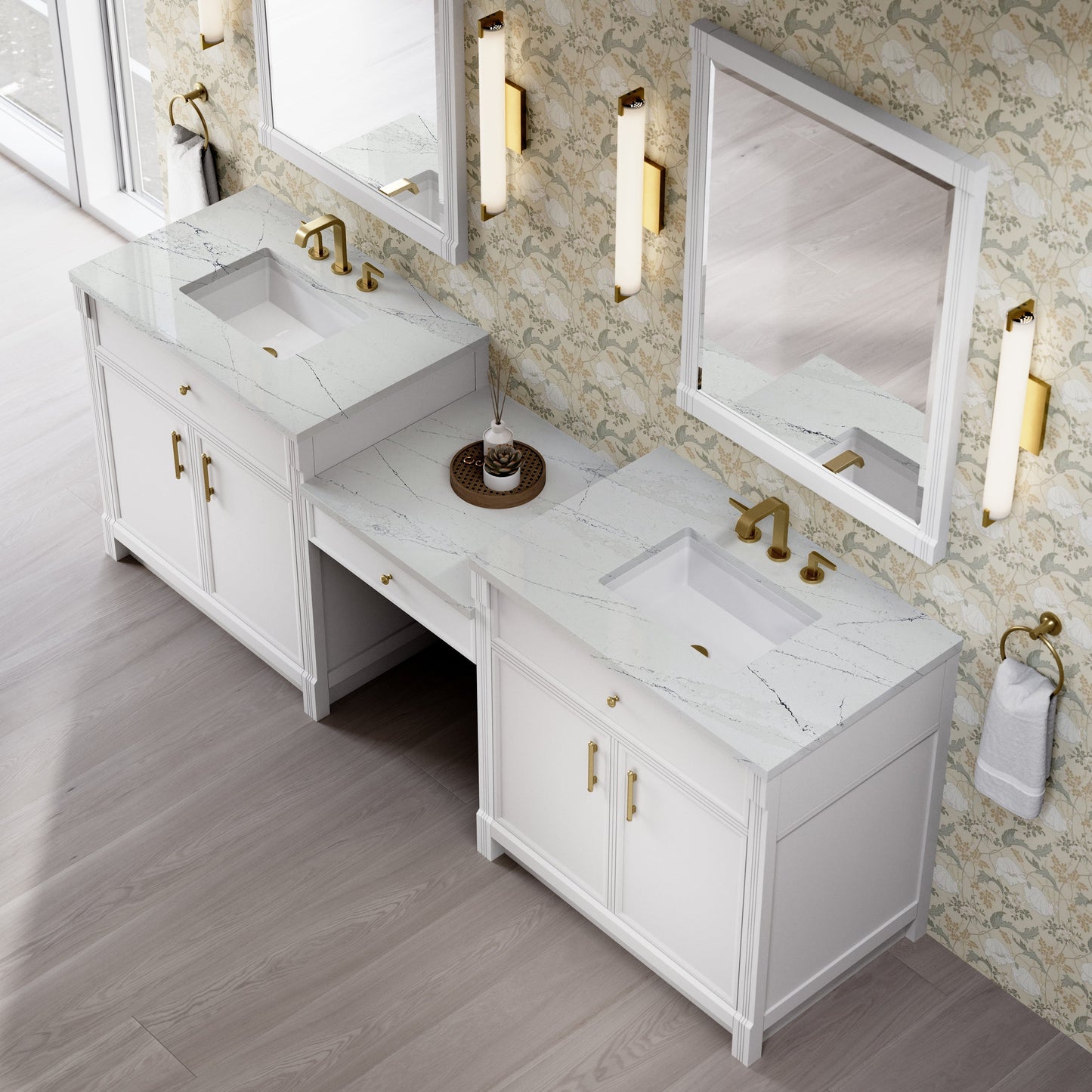 
                  
                    Bellshire 96" Dual Vanity Set with 24" Make-Up Counter in Bright White James Martin Vanities Ethereal Noctis Silestone 
                  
                