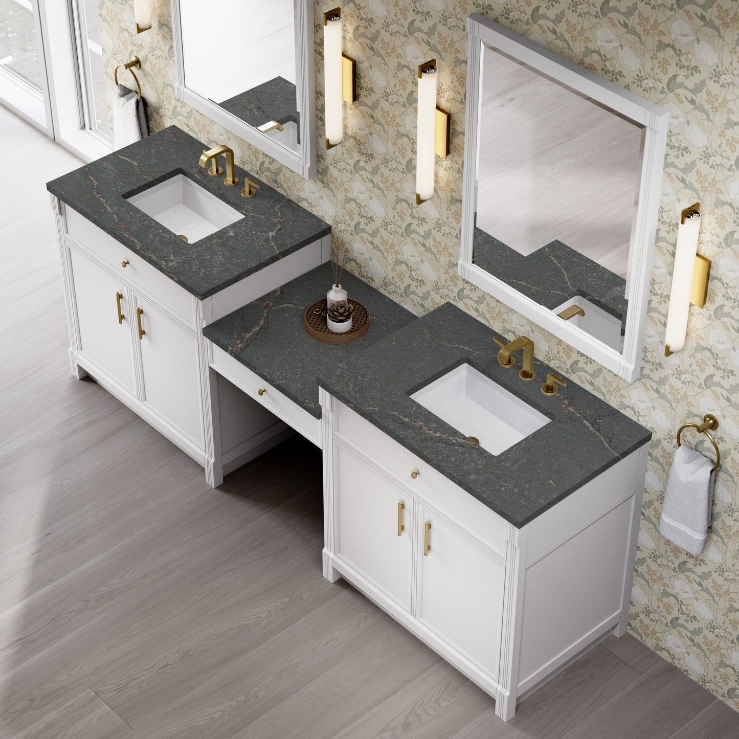 
                  
                    Bellshire 96" Dual Vanity Set with 24" Make-Up Counter in Bright White James Martin Vanities Parisien Bleu Silestone 
                  
                