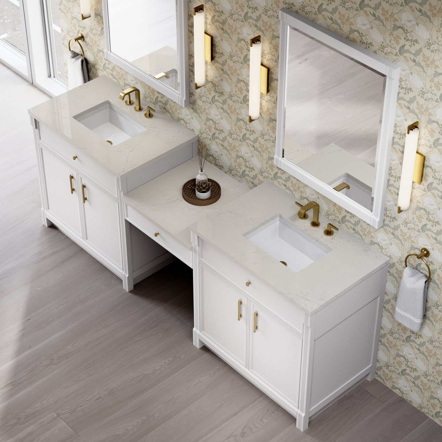 
                  
                    Bellshire 96" Dual Vanity Set with 24" Make-Up Counter in Bright White James Martin Vanities Siberian Silestone 
                  
                