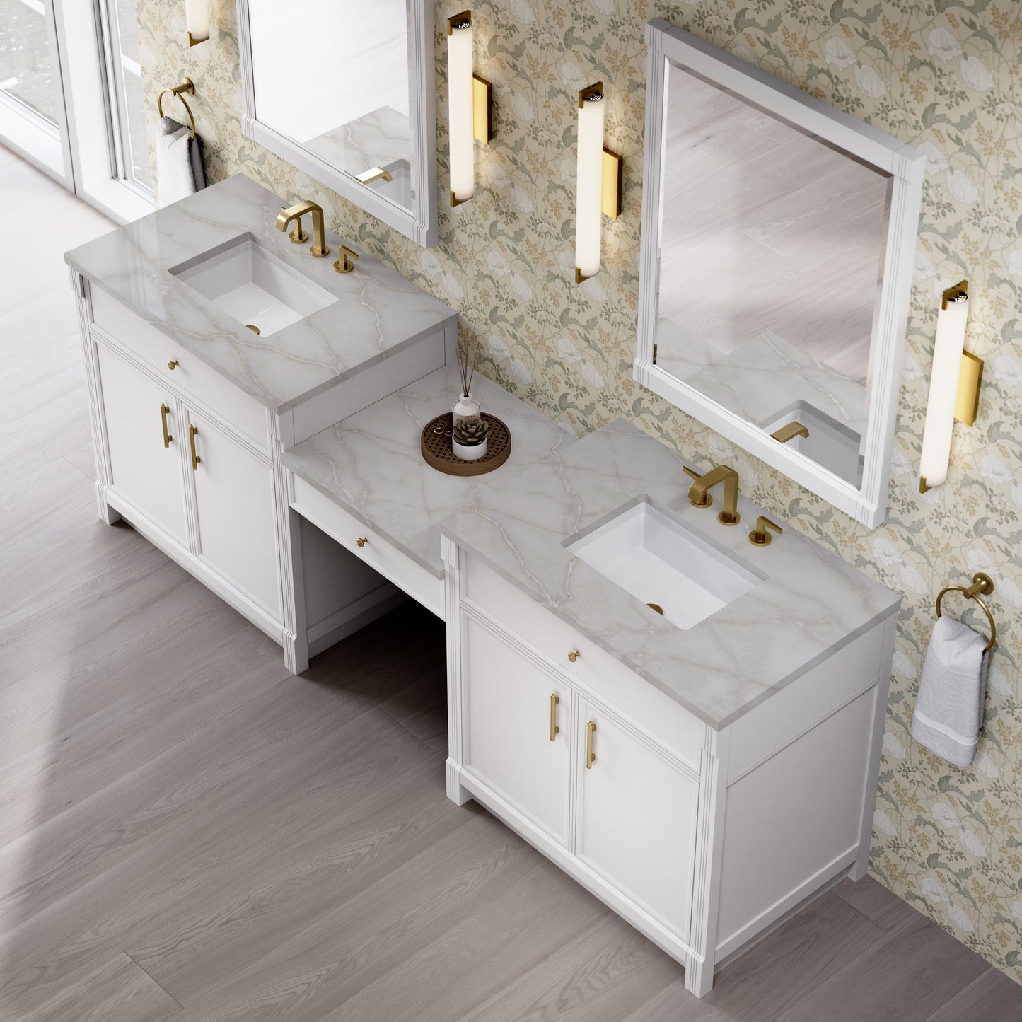 
                  
                    Bellshire 96" Dual Vanity Set with 24" Make-Up Counter in Bright White James Martin Vanities Victorian Silver Silestone 
                  
                