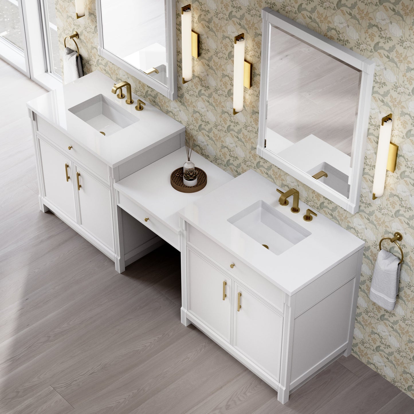 
                  
                    Bellshire 96" Dual Vanity Set with 24" Make-Up Counter in Bright White James Martin Vanities White Zeus Silestone 
                  
                