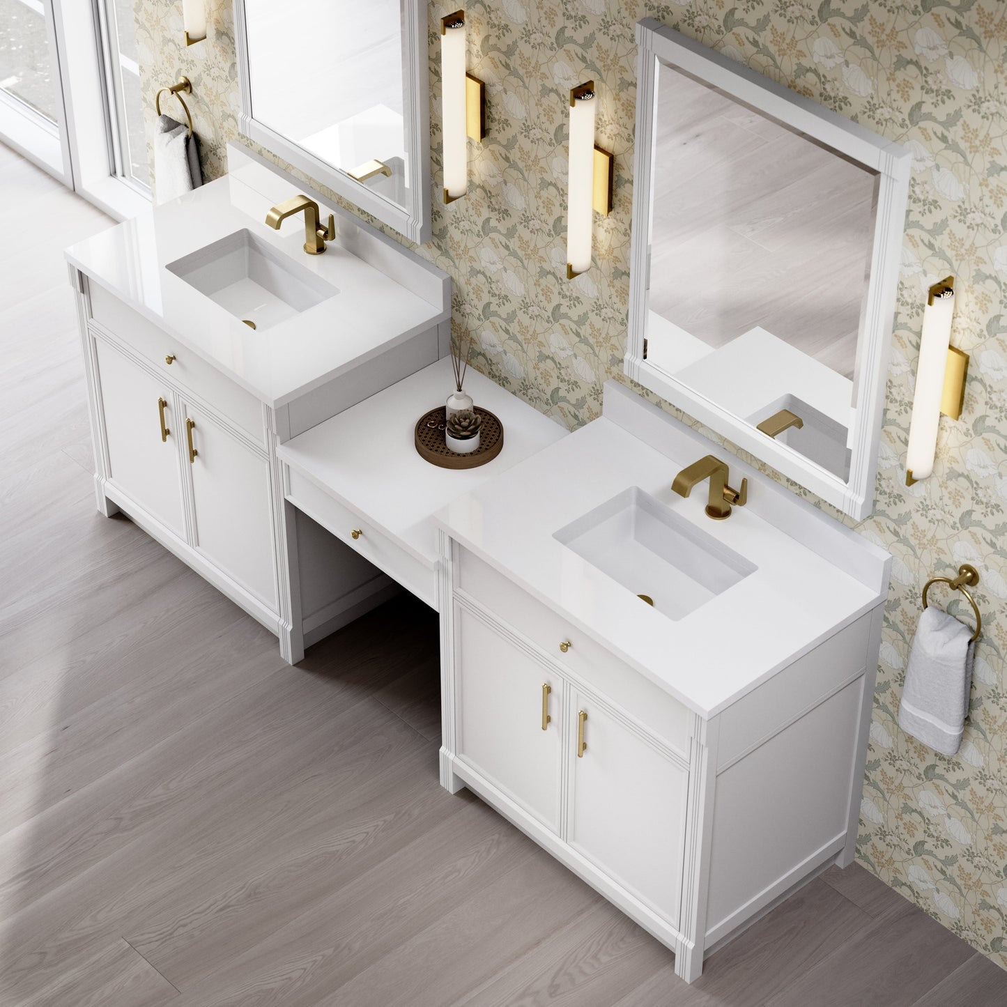 
                  
                    Bellshire 96" Dual Vanity Set with 24" Make-Up Counter in Bright White James Martin Vanities White Zeus SilestoneSingle-Hole Faucet 
                  
                