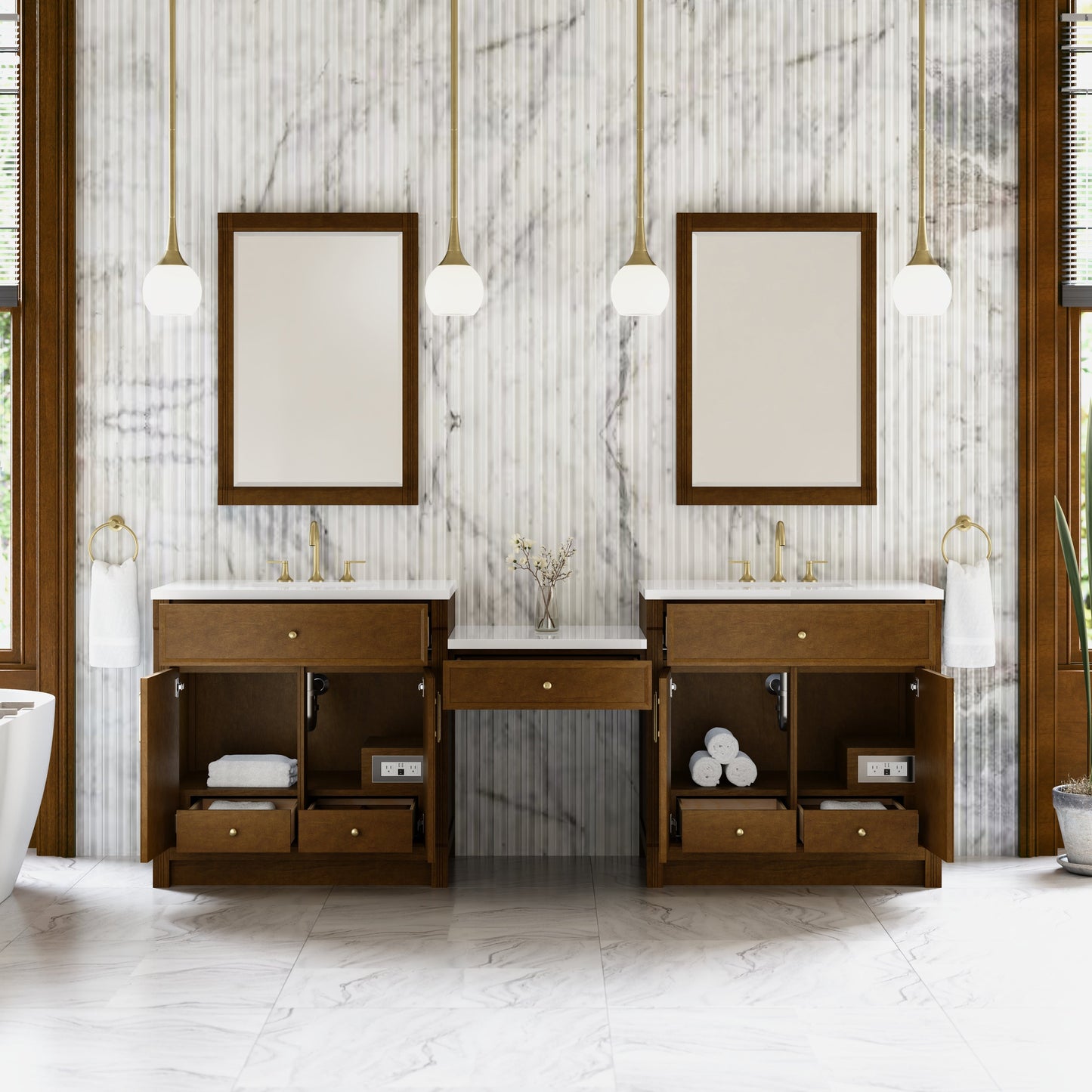 
                  
                    Bellshire 96" Dual Vanity Set with 24" Make-Up Counter in Honey Oak James Martin Vanities 
                  
                