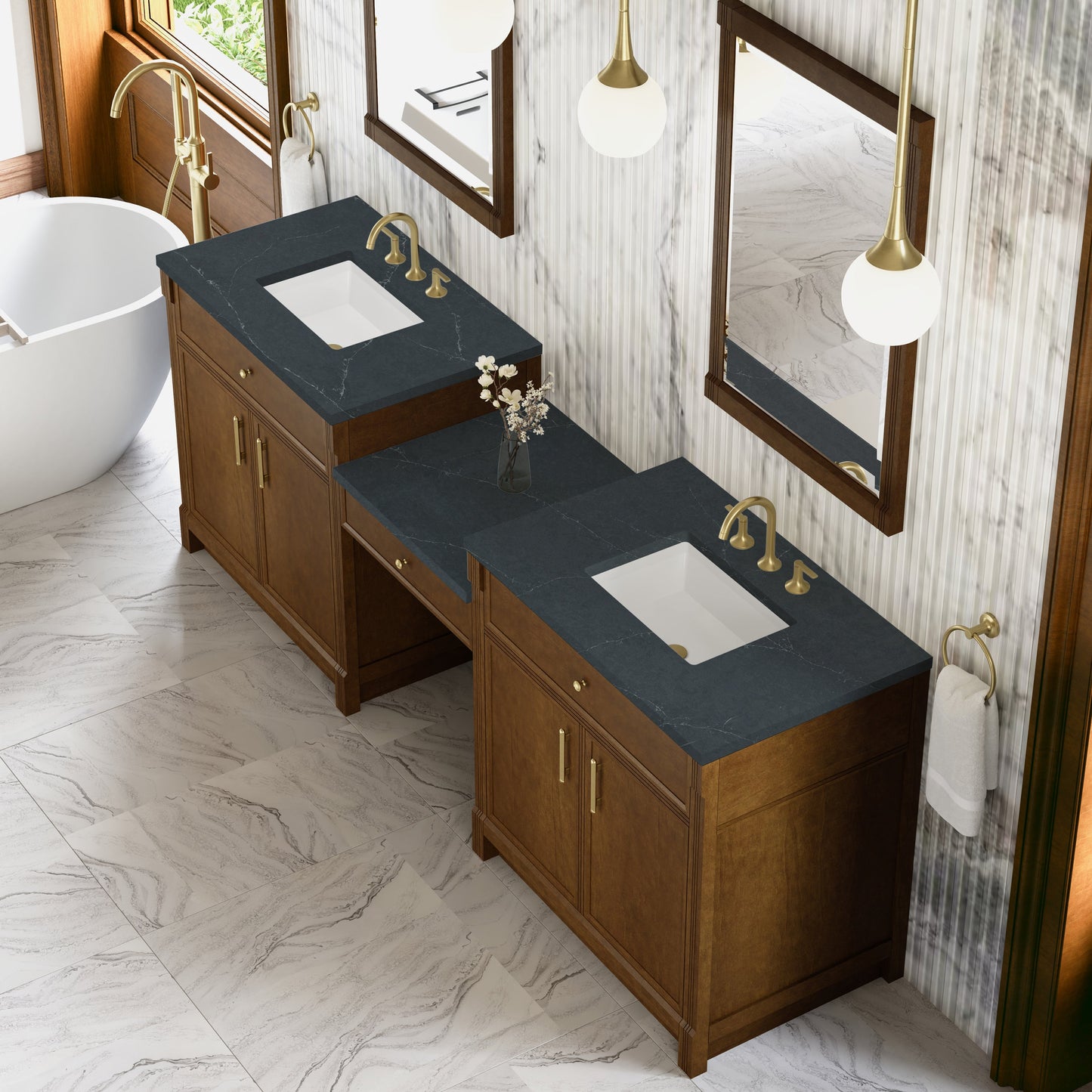 
                  
                    Bellshire 96" Dual Vanity Set with 24" Make-Up Counter in Honey Oak James Martin Vanities Charcoal Soapstone Silestone 
                  
                