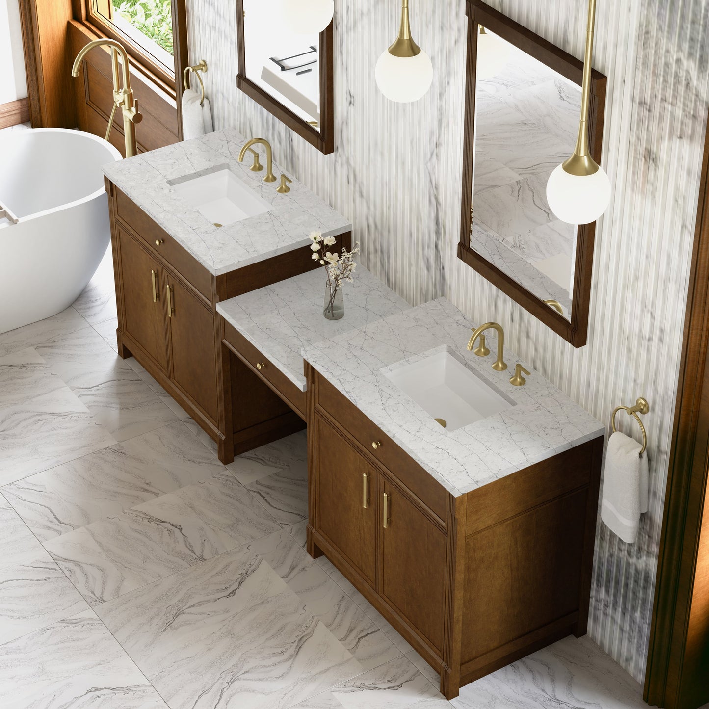 
                  
                    Bellshire 96" Dual Vanity Set with 24" Make-Up Counter in Honey Oak James Martin Vanities Eternal Jasmine Pearl Silestone 
                  
                