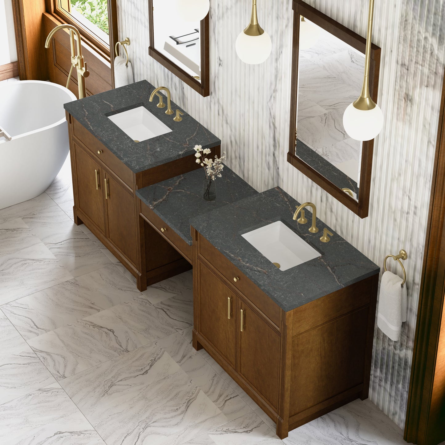 
                  
                    Bellshire 96" Dual Vanity Set with 24" Make-Up Counter in Honey Oak James Martin Vanities Parisien Bleu Silestone 
                  
                