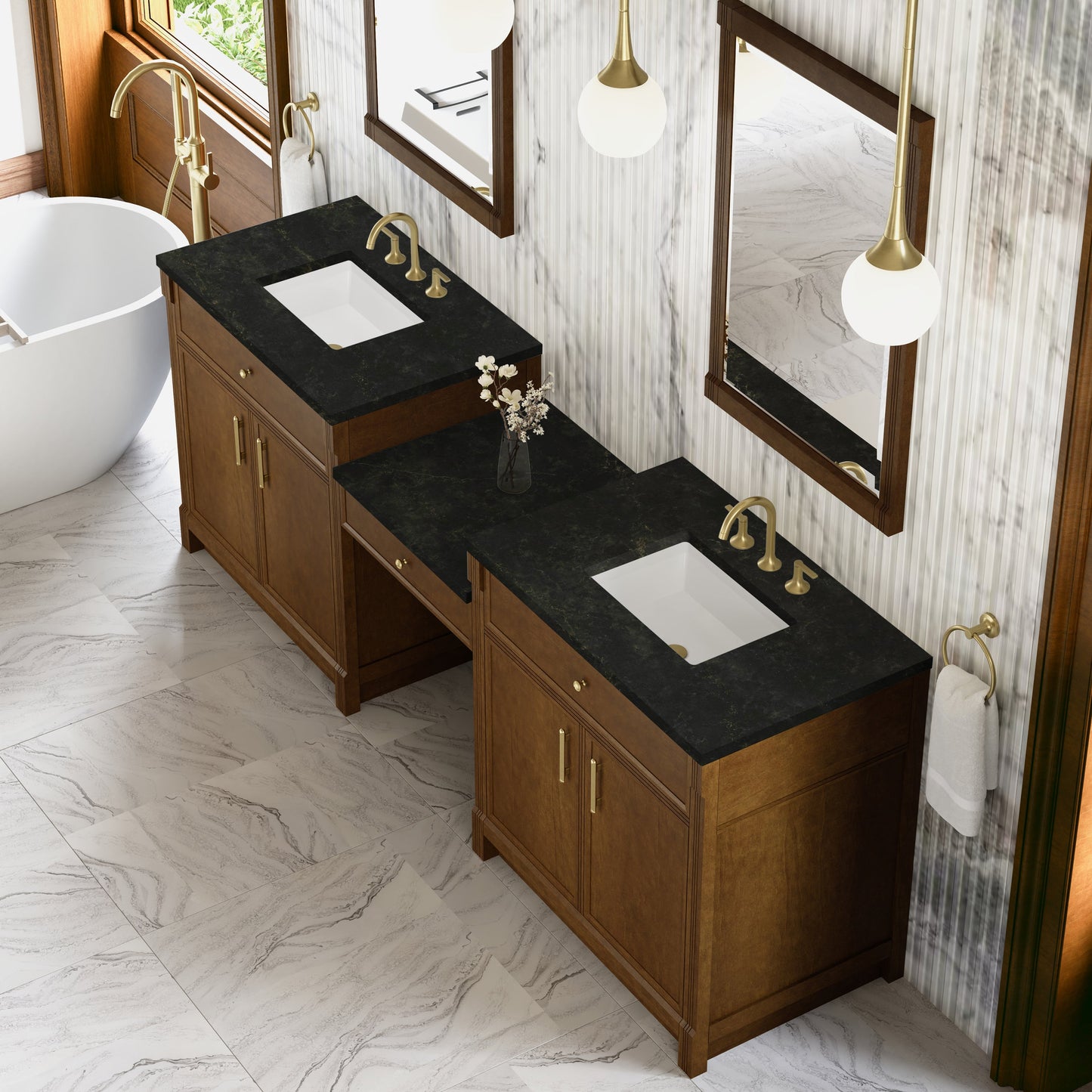 
                  
                    Bellshire 96" Dual Vanity Set with 24" Make-Up Counter in Honey Oak James Martin Vanities Phantome Eclos 
                  
                