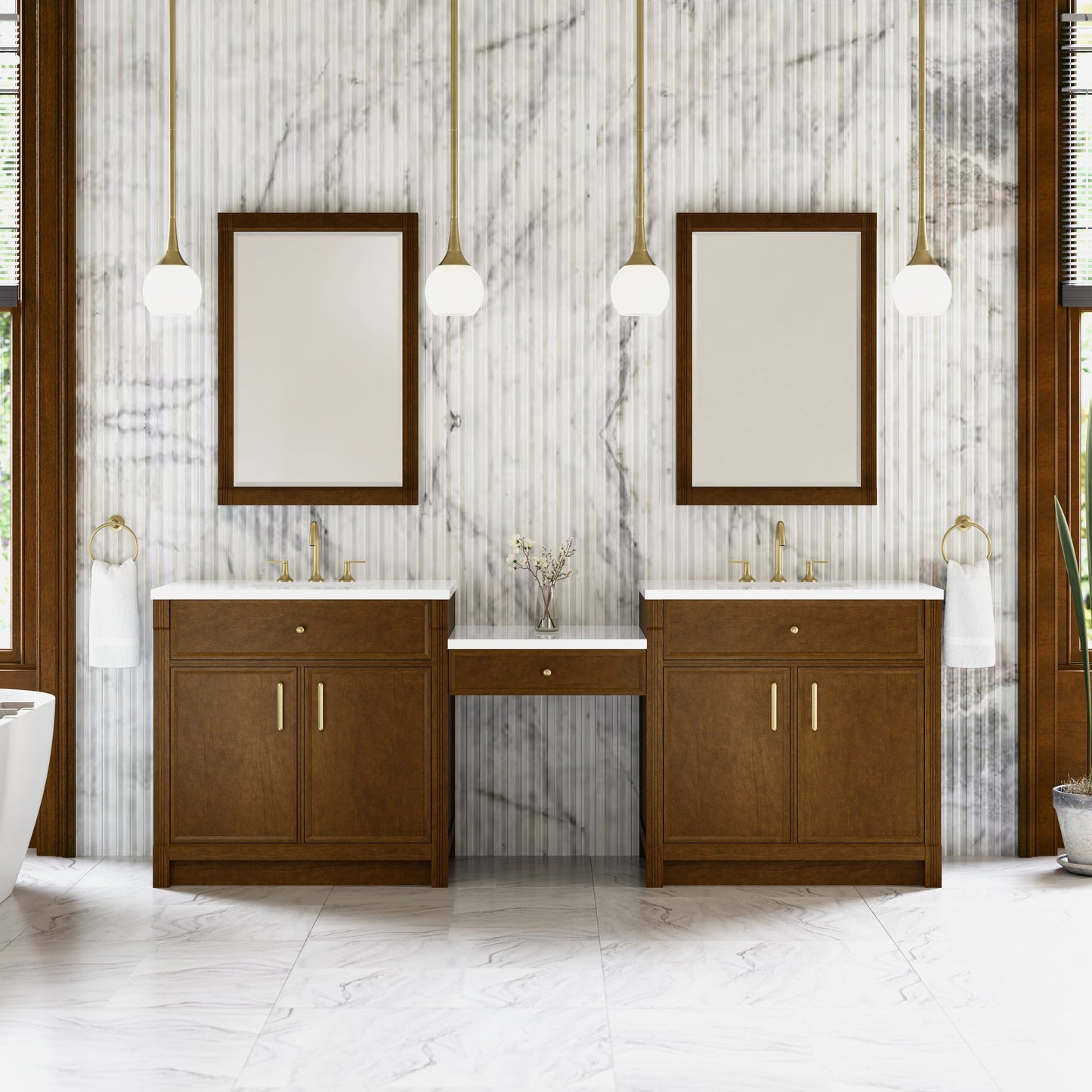 Bellshire 96" Dual Vanity Set with 24" Make-Up Counter in Honey Oak James Martin Vanities Select Your Top 