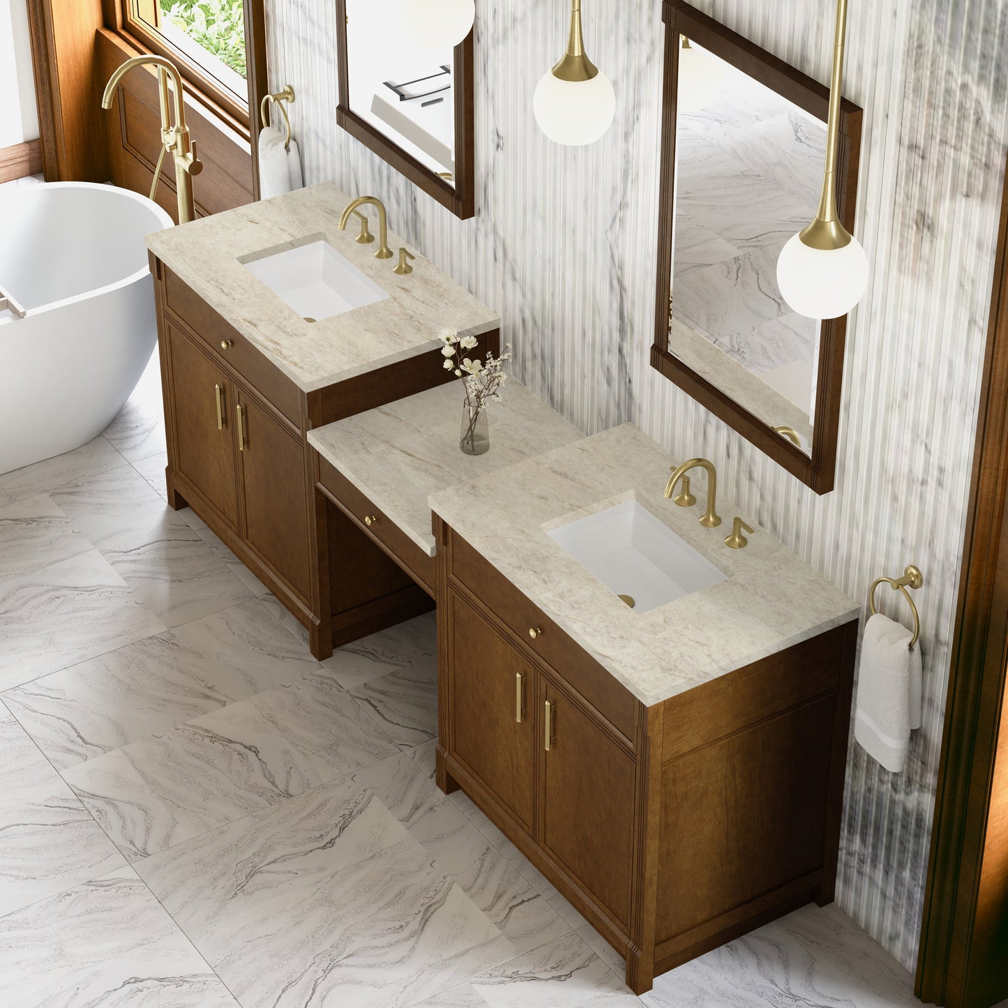 
                  
                    Bellshire 96" Dual Vanity Set with 24" Make-Up Counter in Honey Oak James Martin Vanities Tajnar Eclos 
                  
                
