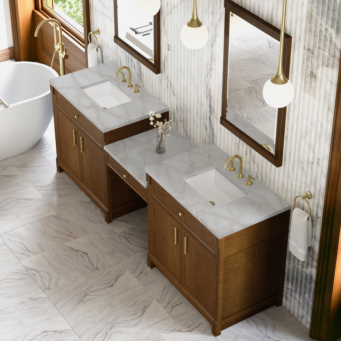 
                  
                    Bellshire 96" Dual Vanity Set with 24" Make-Up Counter in Honey Oak James Martin Vanities Victorian Silver Silestone 
                  
                