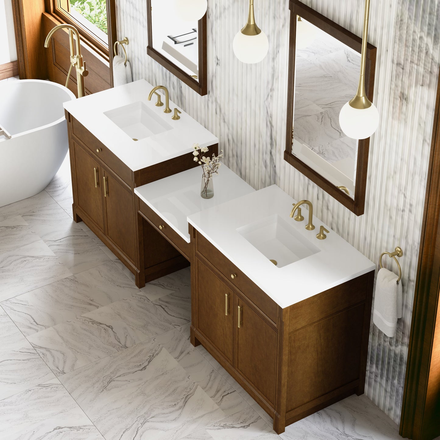
                  
                    Bellshire 96" Dual Vanity Set with 24" Make-Up Counter in Honey Oak James Martin Vanities White Zeus Silestone 
                  
                