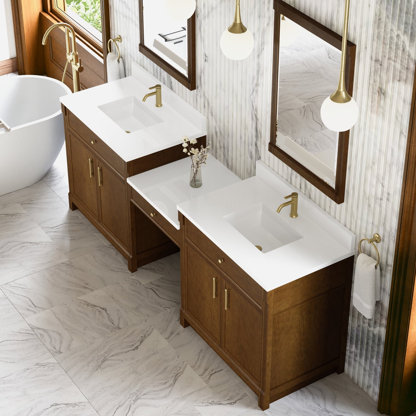 
                  
                    Bellshire 96" Dual Vanity Set with 24" Make-Up Counter in Honey Oak James Martin Vanities White Zeus SilestoneSingle-Hole Faucet 
                  
                