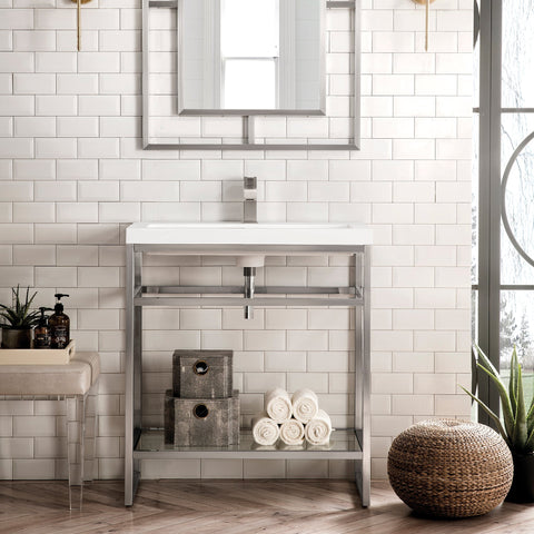 Boston 31.5 Stainless Steel Sink Console Single Bathroom Vanity in Satin Nickel Single Bathroom Vanity James Martin Vanities 
