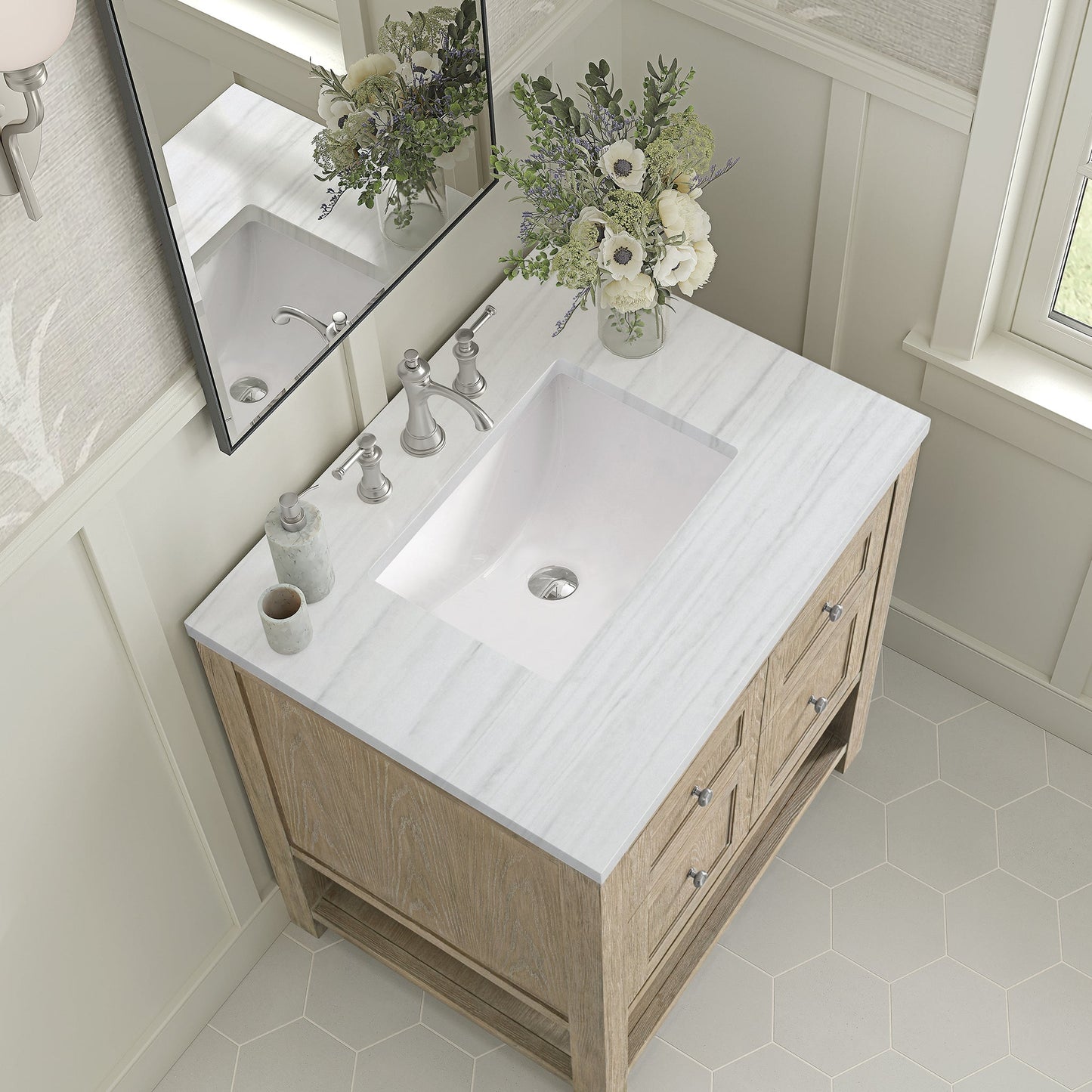 
                  
                    Breckenridge 30" Single Vanity in Whitewashed Oak Single Vanity James Martin Vanities Arctic Fall solid surface 
                  
                