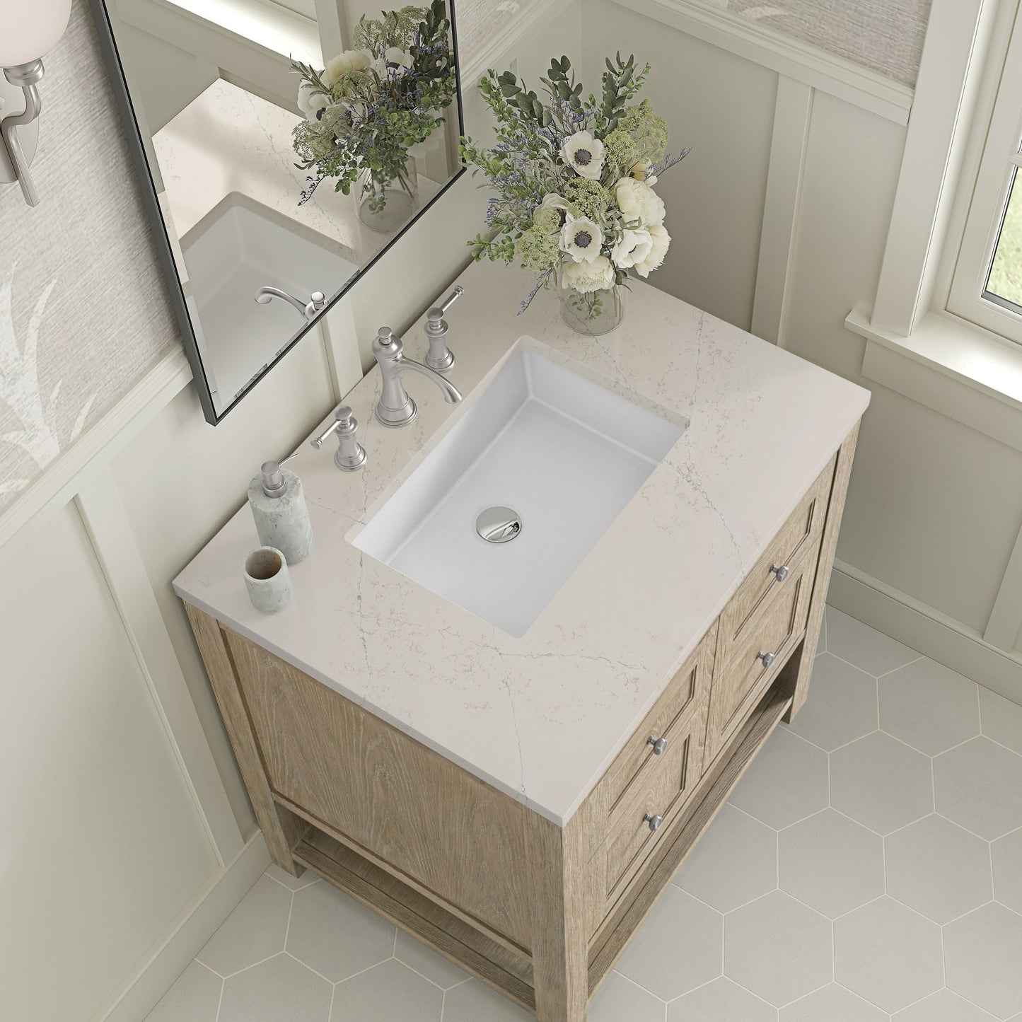 
                  
                    Breckenridge 30" Single Vanity in Whitewashed Oak Single Vanity James Martin Vanities Siberian Silestone 
                  
                