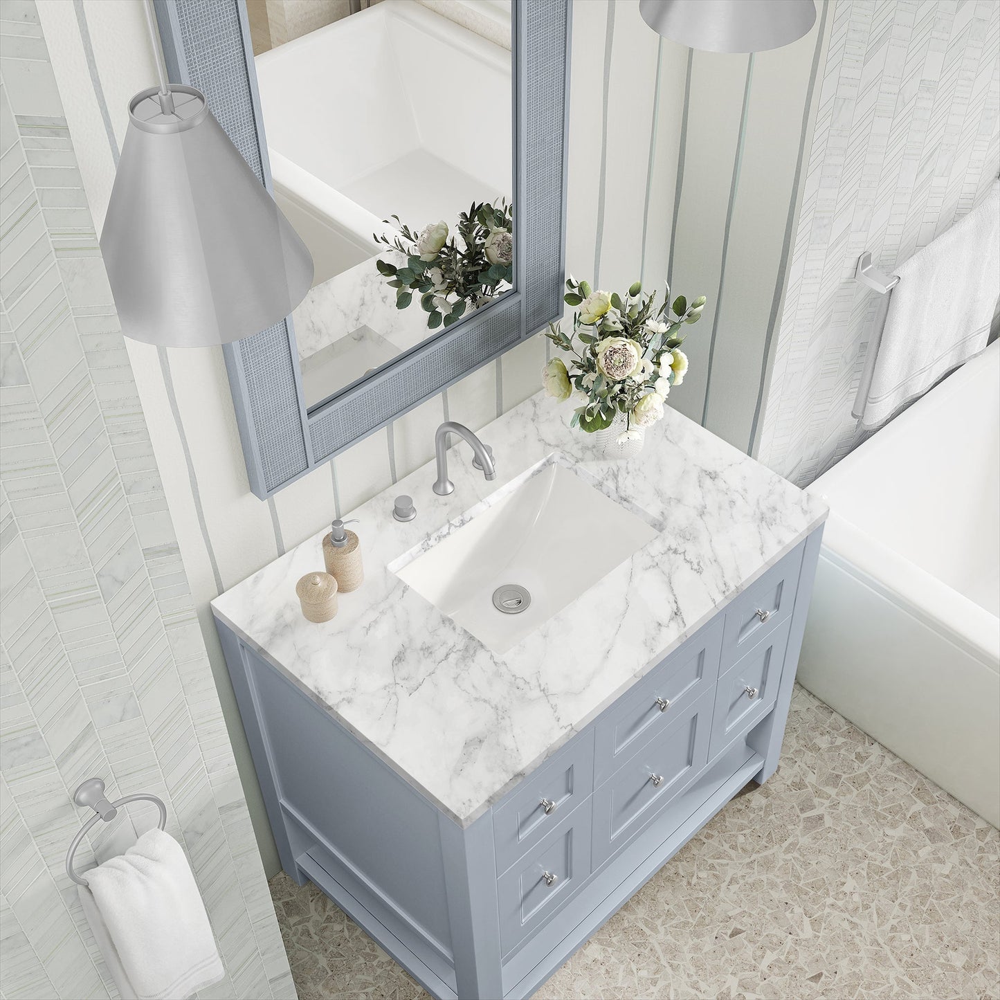 
                  
                    Breckenridge 36" Single Vanity in Serenity Blue Single Bathroom Vanity James Martin Vanities Carrara White Marble 
                  
                