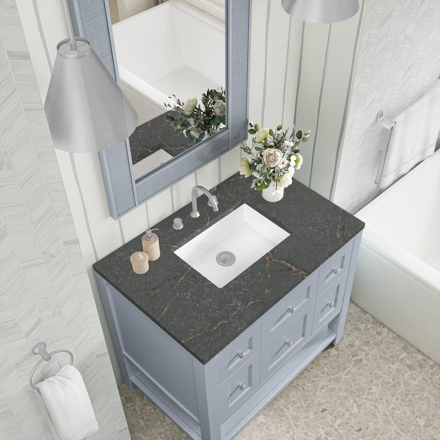 
                  
                    Breckenridge 36" Single Vanity in Serenity Blue Single Bathroom Vanity James Martin Vanities Parisien Bleu Silestone 
                  
                
