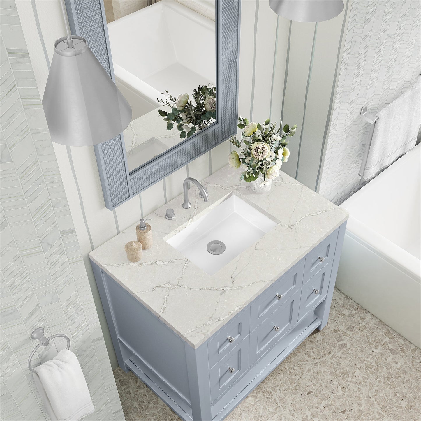 
                  
                    Breckenridge 36" Single Vanity in Serenity Blue Single Bathroom Vanity James Martin Vanities Victorian Silver Silestone 
                  
                