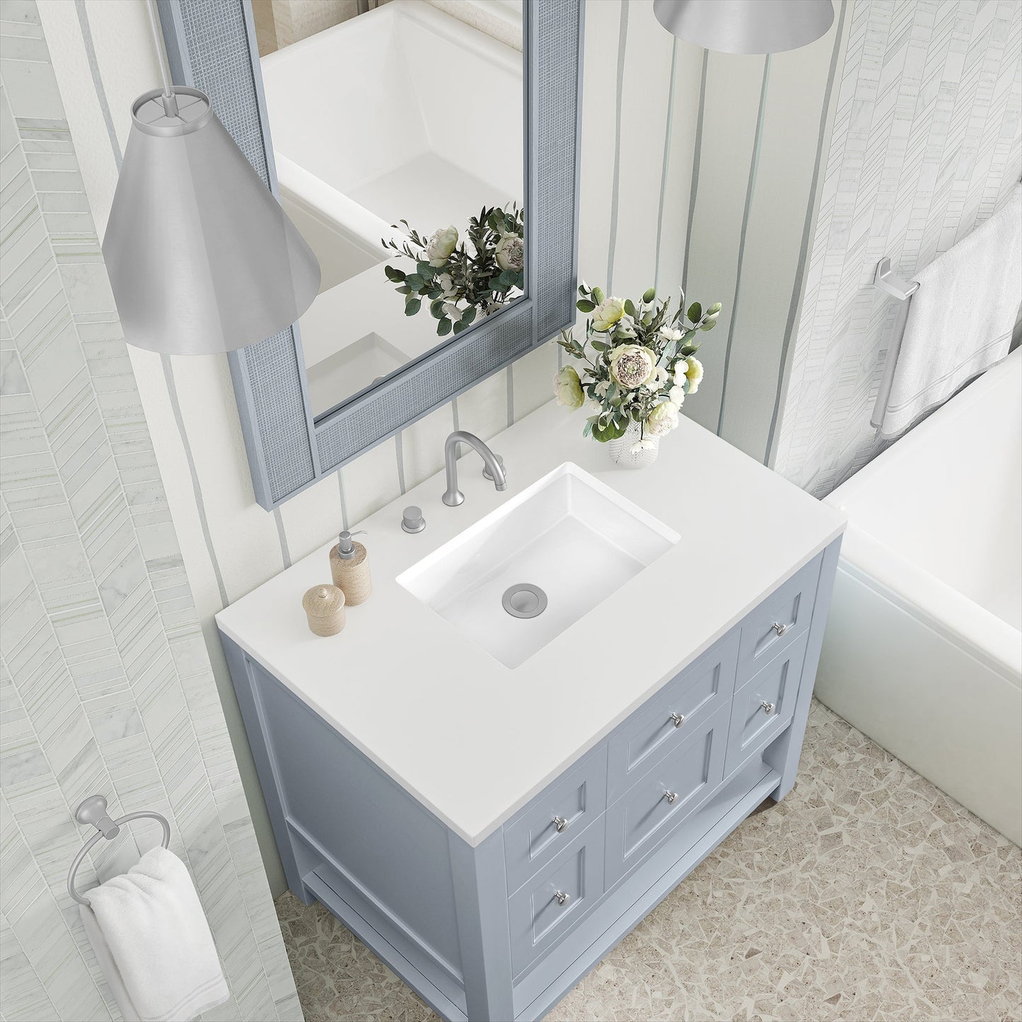 
                  
                    Breckenridge 36" Single Vanity in Serenity Blue Single Bathroom Vanity James Martin Vanities White Zeus Silestone 
                  
                