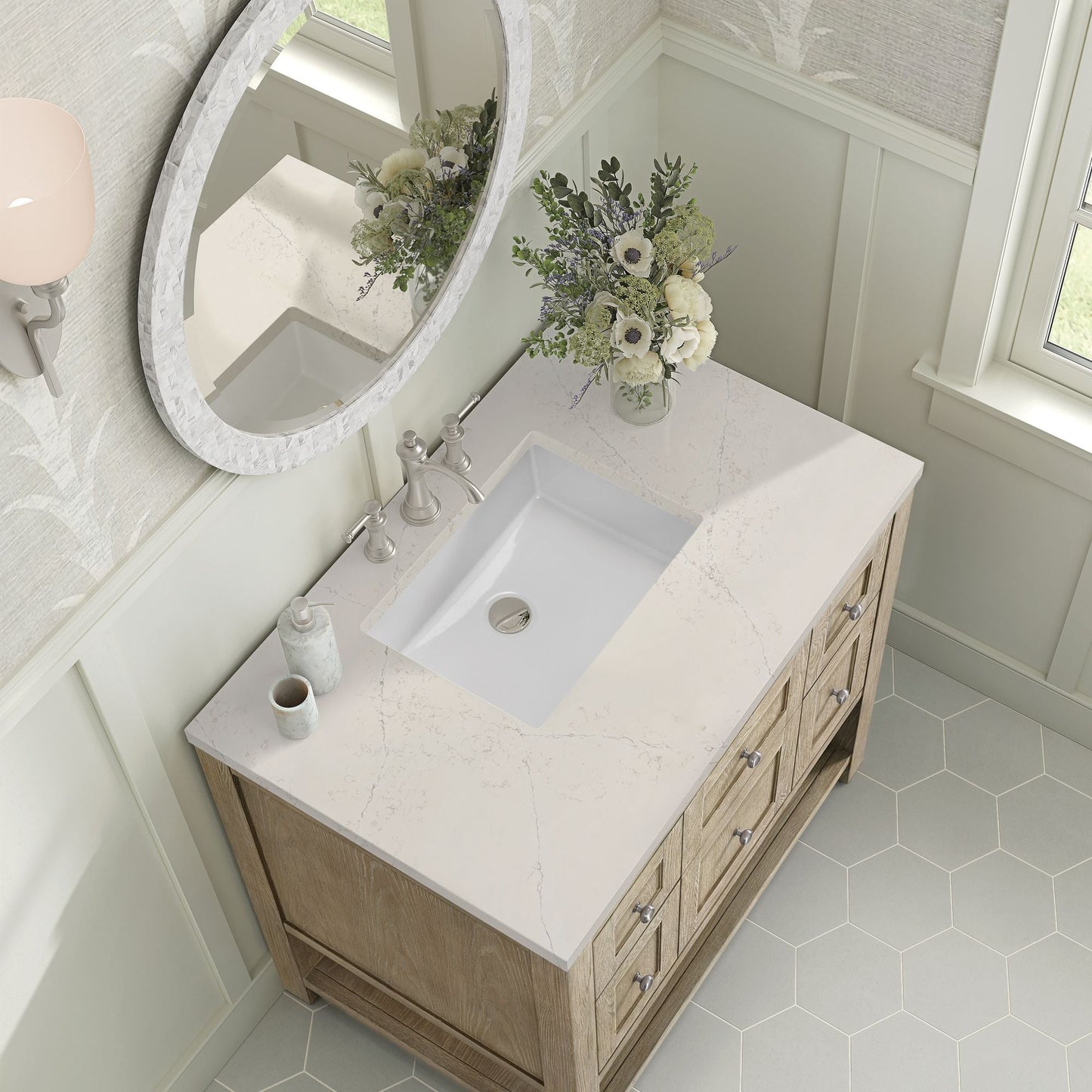 
                  
                    Breckenridge 36" Single Vanity in Whitewashed Oak Single Bathroom Vanity James Martin Vanities Siberian Silestone 
                  
                